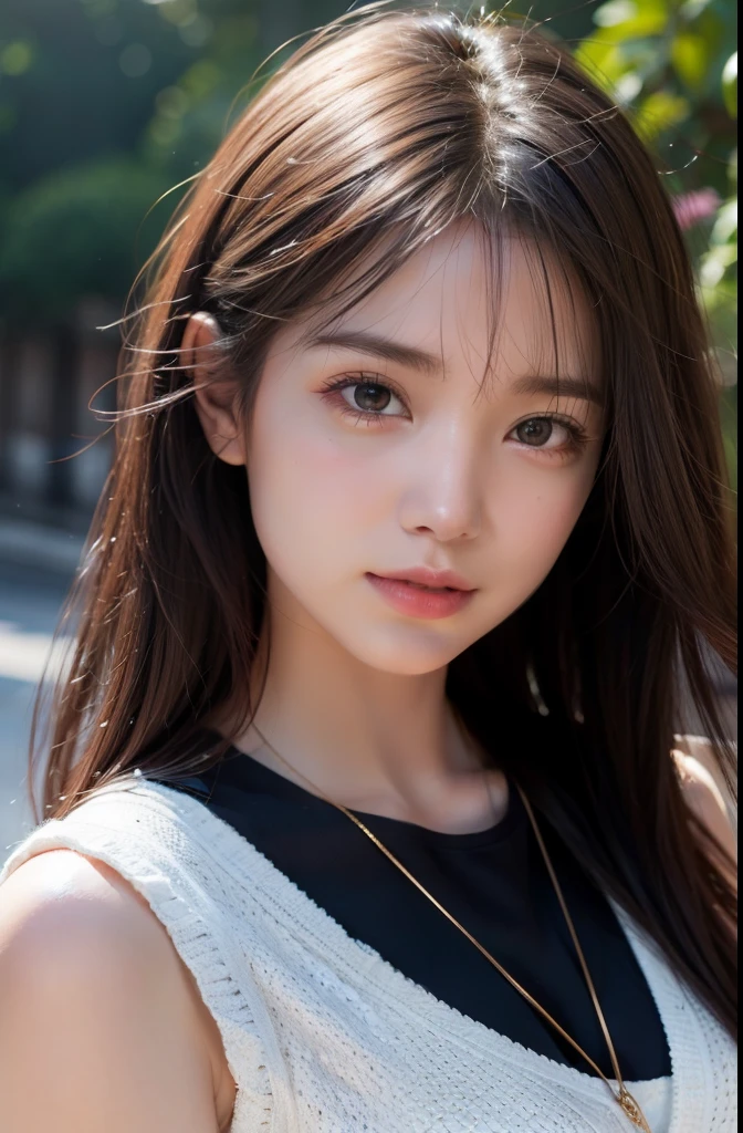 Dressed, (photo Realistic:1.4), (hyper Realistic:1.4), (Realistic:1.3), (smoother lighting:1.05), (Improve movie lighting quality:0.9), 32k, One girl,20 year old girl, Realistic lighting, Backlight, Light on the face, Ray-tracing, (Bright light:1.2), (Improvement of quality:1.4), (Highest quality real texture skins:1.4), Detailed drawn eyes, Detailed painted face, High-quality round eyes, (Tired, sleepy and satisfied:0.0), Face close-up, (Enhance the mood of your body line:1.1), (Enhances the beauty of skin texture:1.1) Irregular hem design, figure-covering, simple, casual, layered, layered, ladies' knit vest, adult casual outfit, spring clothes, spring outfit, fashion, today's outfit, adult outfit, ladies'、Staring at the audience、smile、