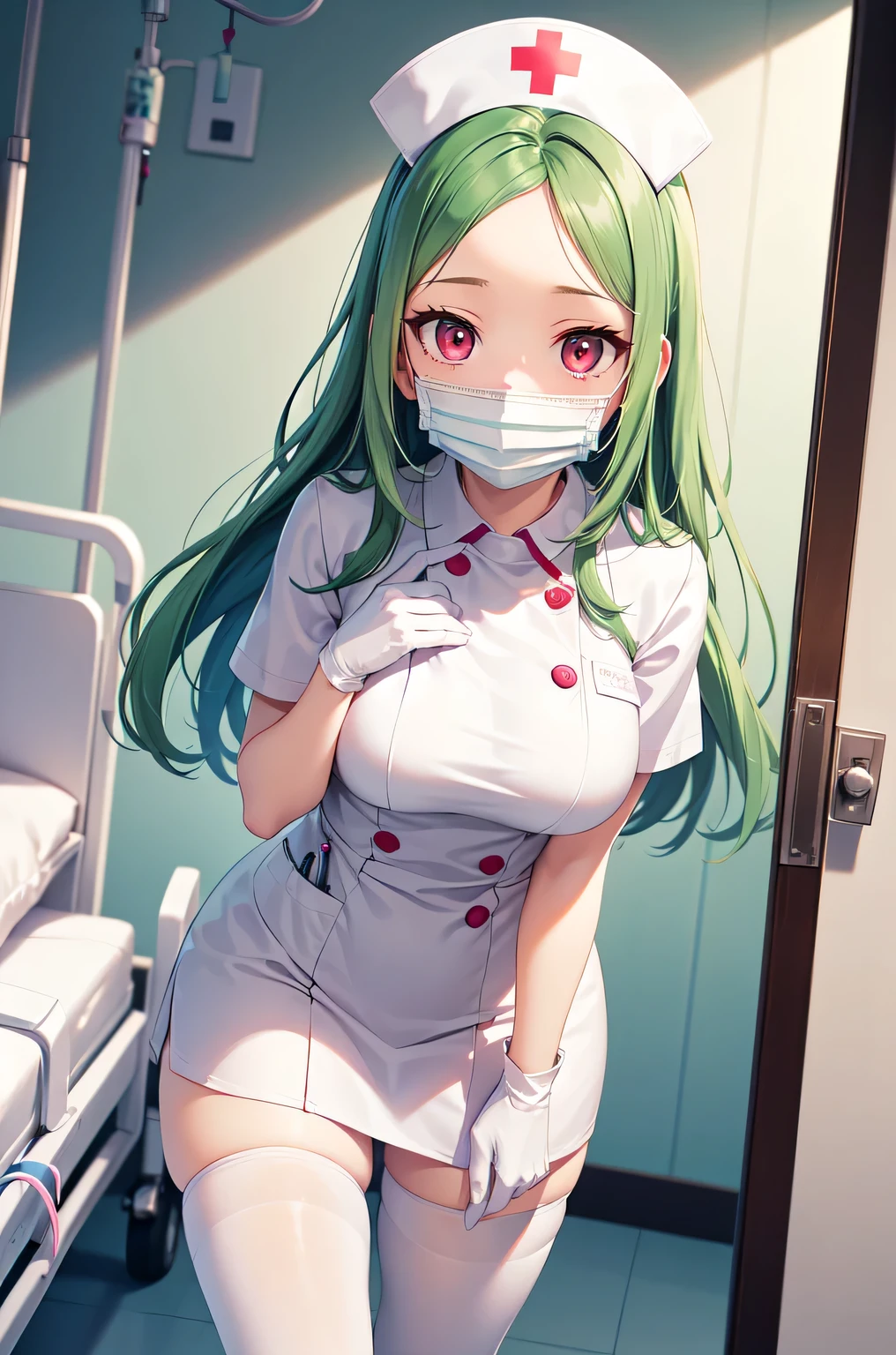 1woman, solo, nurse, white nurse cap, white nurse uniform, ((white legwear, zettai ryouiki)), white gloves, forehead, long hair, green hair, pink eyes, ((white surgical mask, covered nose)), standing, ((hospital room)), sharp outline, short sleeves, mature female, 35 years old, best quality, masterpiece