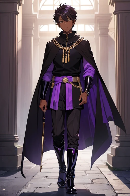 (Boy1),+,(anime),+,(young),+,(16 year old teenager),+,(dark brown skin color),+,(Height 1.79),+,(straight posture),+,(Wearing),+,(an 8th century emperor's outfit, consisting of a shiny black cape with purple tones, shiny black boots with purple tones)