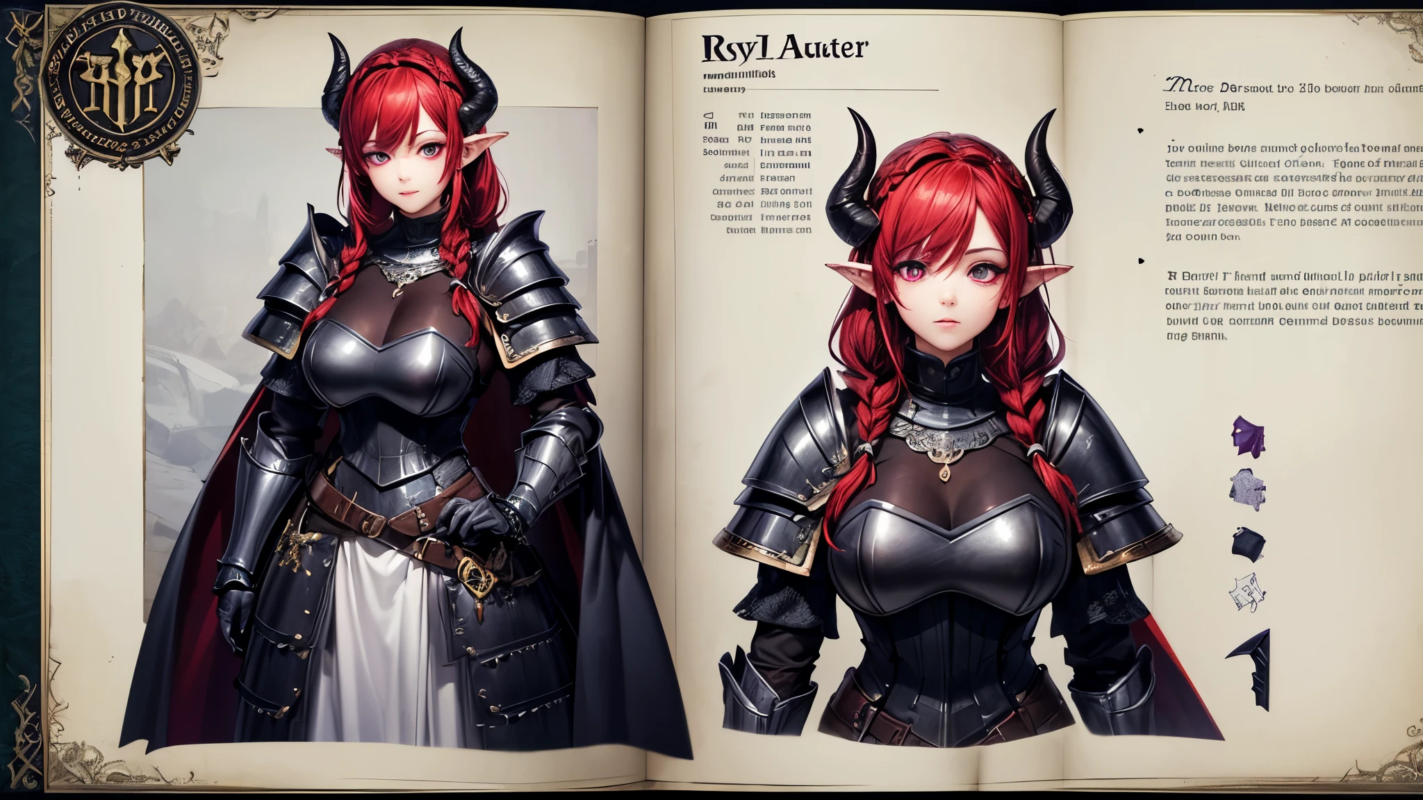 (Masterpiece, best quality), detailed, character sheet, many items (the same person, medieval royal armor, demonic heavy armor, fullplate armor, many parts), athletic, busty, demon, demon girl, detailed beautiful purple eyes, detailed face, pointy ears, red hair and white skin, braided ponytail, demon horns, full of details.