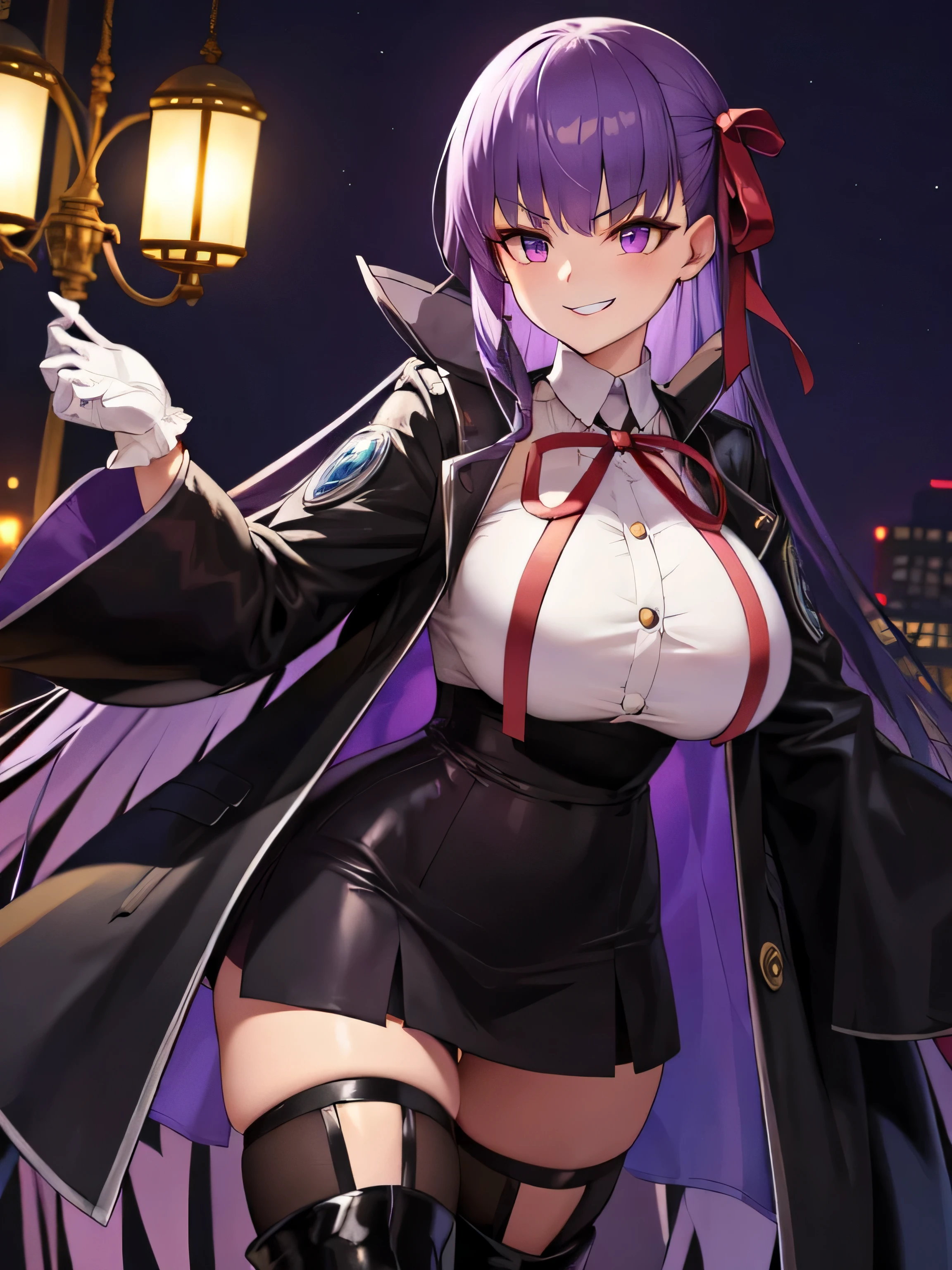  isometric, mid shot,  night, ,,, purple hair, black jacket, white shirt, black skirt, red ribbon, big breasts, purple eyes, white gloves, long hair, big collar, evil smile,smirk,thighhigh boots,
