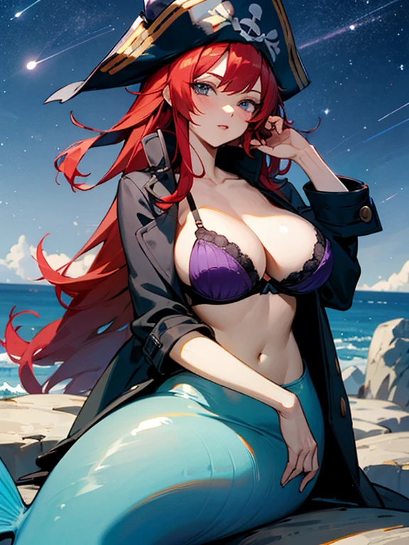 anime pirate mermaid, red hair, long hair, large breasts, sit on rock, night, sky full of stars, purple bra, hat pirate, black hat, coat