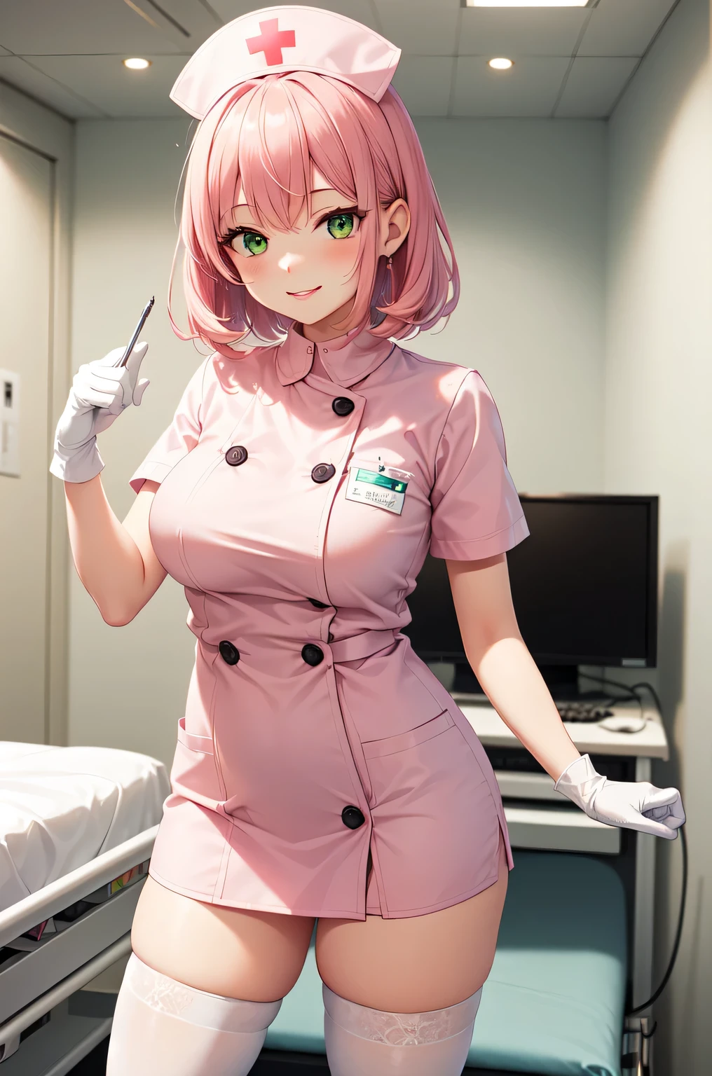 1woman, solo, nurse, white nurse cap, white nurse uniform, ((white legwear, zettai ryouiki)), white gloves, pink hair, green eyes, drooping eyes, pink lips, smile, standing, ((hospital room)), sharp outline, short sleeves, mature female, 32 years old, best quality, masterpiece