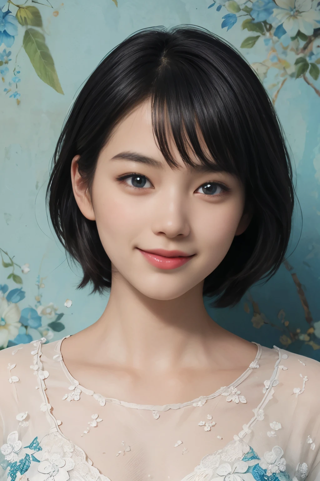 (A hyper-realistic), (illustration), (hight resolution), (8K), (highly detailed), (The best illustrations), (detailed face), (beautiful detailed eyes), (top-quality), (​masterpiece), (wall-paper), Upper body close-up, short hair,inner colored, solo, Girl in simple blue underwear, plump breasts, smile