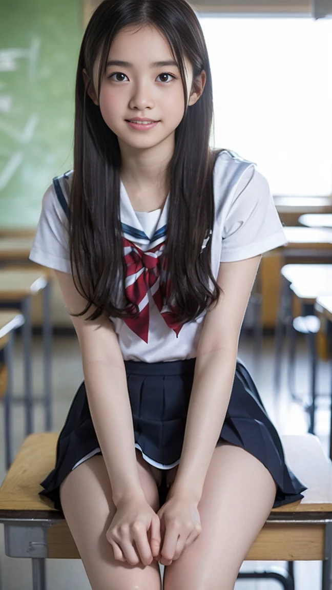 (masterpiece, highest quality:1.2), 8k, Young and beautiful girl, 85mm,Official AR RAW Photos, Baby Face、Big tits in clothes、show me your ears、photo shoot, Cute face, Thighs, Classroom after school, Looking at the audience, Embarrassing、smile、no makeup, Film Grain, chromatic aberration, Sharp focus, Face Light, Bright lighting, 10 generations, Detailed face, Background blur、((((((16-year-old high school girl))))))、Narrow waist、Sailor suit、Dark blue mini skirt、Lift up the skirt with one hand'hand of、White tiny panties、Wet、Spread your legs、Dancing