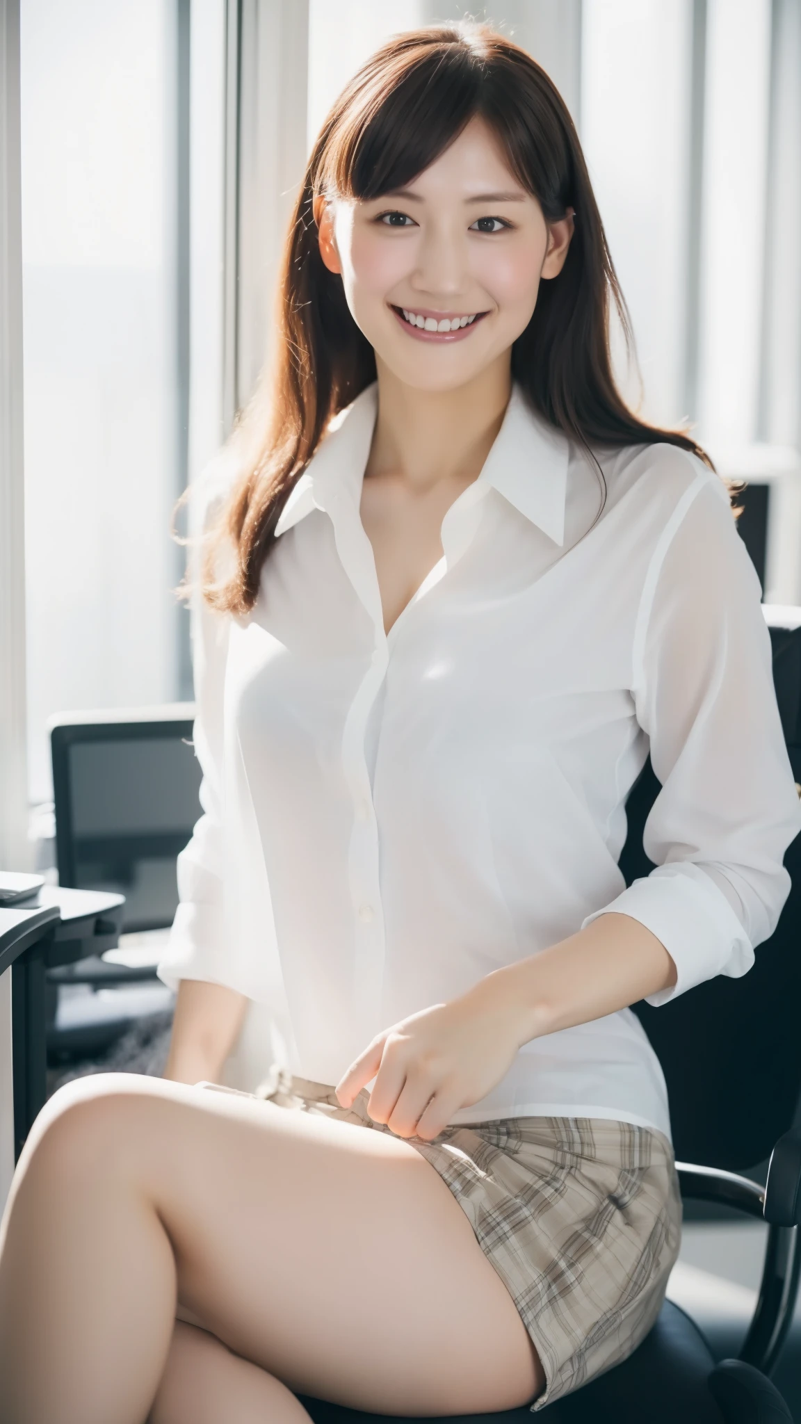 ((highest quality, 8k, Representative works in detail, Ultra-high resolution)), Breast augmentation, (Looking at the audience), (Mid Shot:), Charming business woman1name, Ayase Haruka、A little chubby、light makeup、Amazing beauty、White collared shirt, Grey Skirt, (sitting in an office chair)), smile, Office with computer,big breastini skirt、panties、Spread your legs、Flip up the skirt、