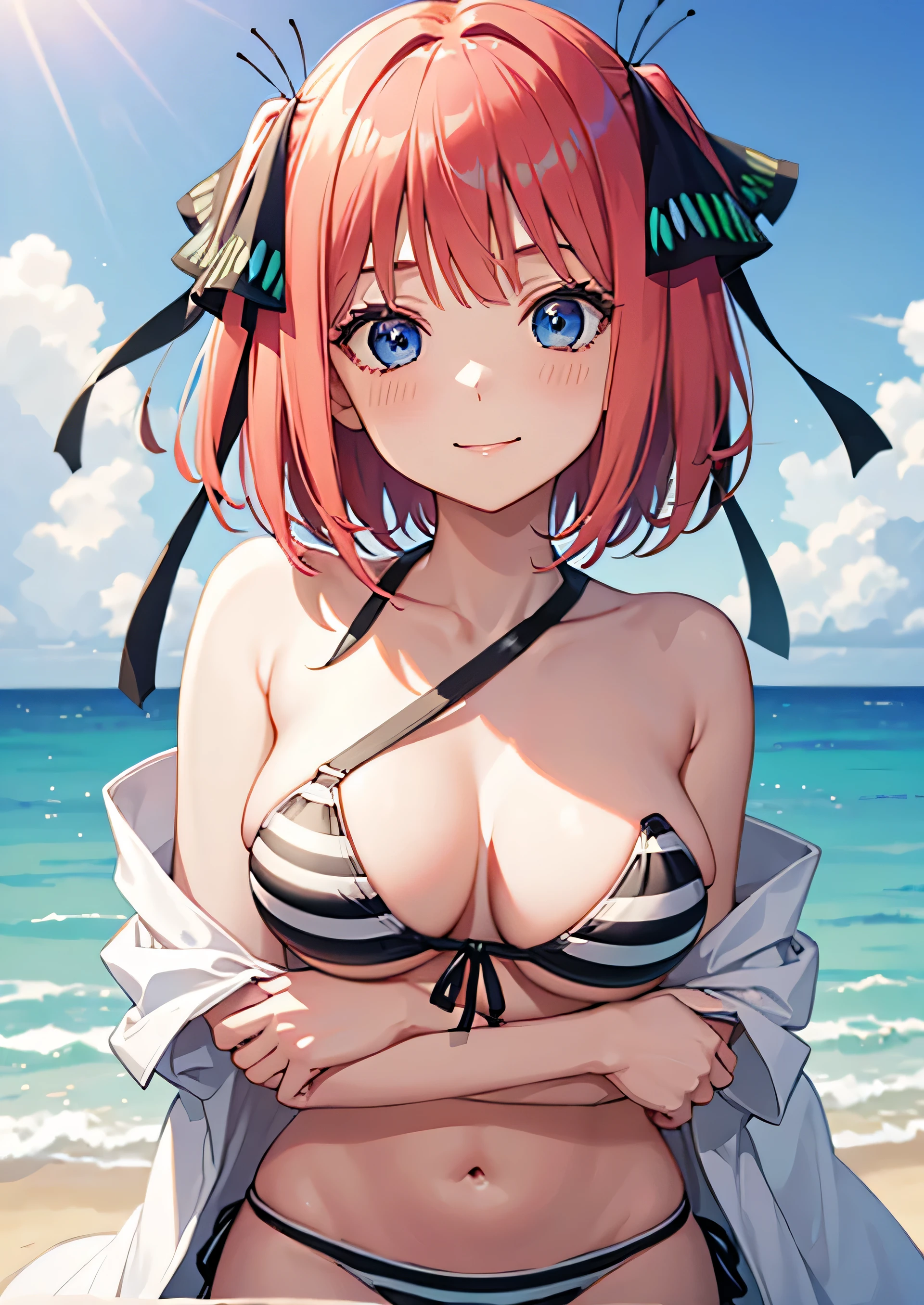 Nino Nakano is a character that appears in the anime "The Quintessential Quintuplets" 「The background is a beach at sunset.」The eyes of this character are blue. My hairstyle is a bob cut with pink color. This character is wearing a butterfly hair accessory. Please focus on this character. This character has a very lovely smile.high Quality. The character is wearing a bandeau bikini with a black and white striped pattern.. masterpiece,best quality,ultra detailed, My breast size is D cup.