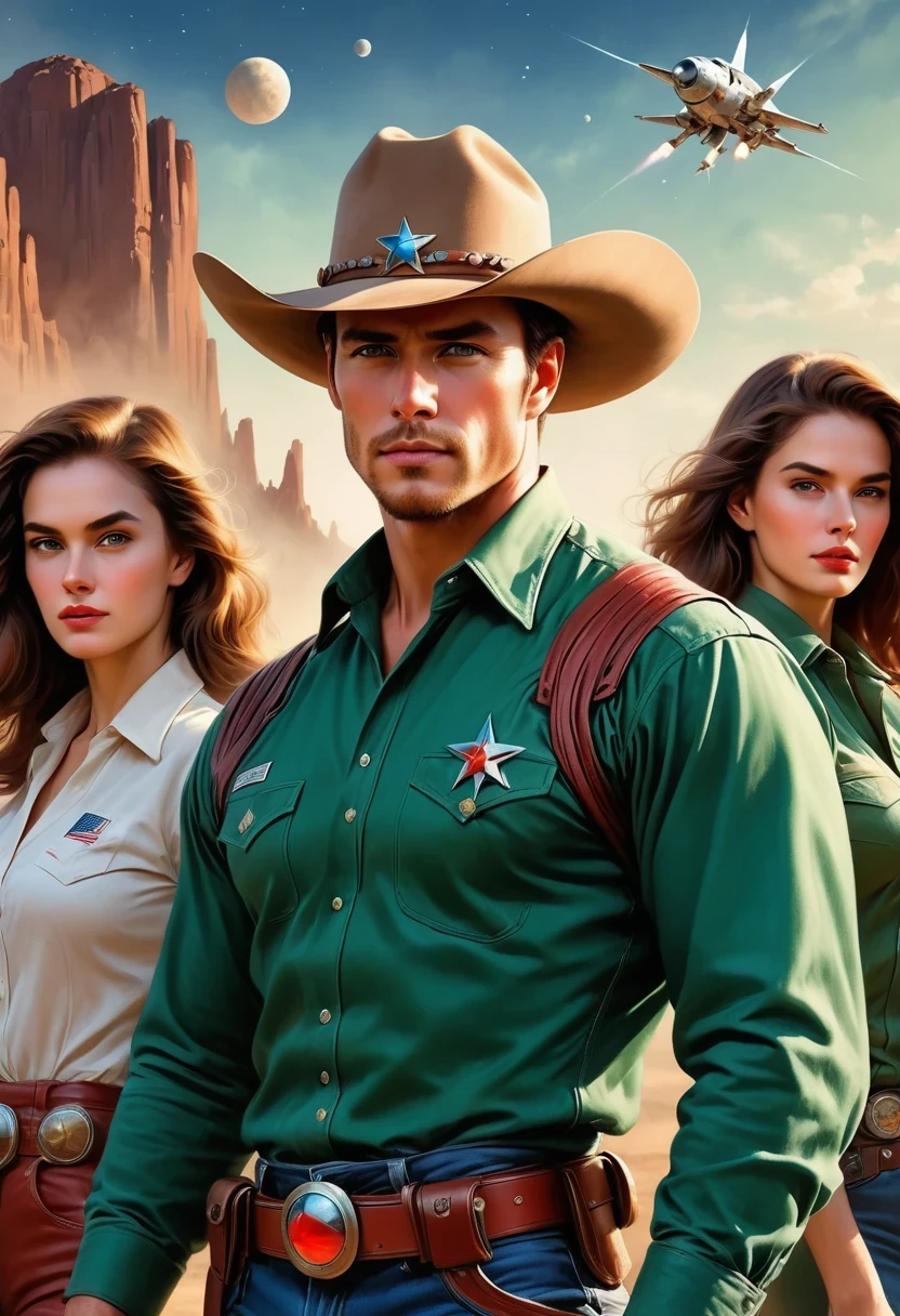 (comic book's cover:1.5), Comic book cover about space cowboys, 1 Amazing story of cowboy hat style, 1940s 1950s, Red and Green, comic art, Realistic scenes, Romanticized Realism Dynamics