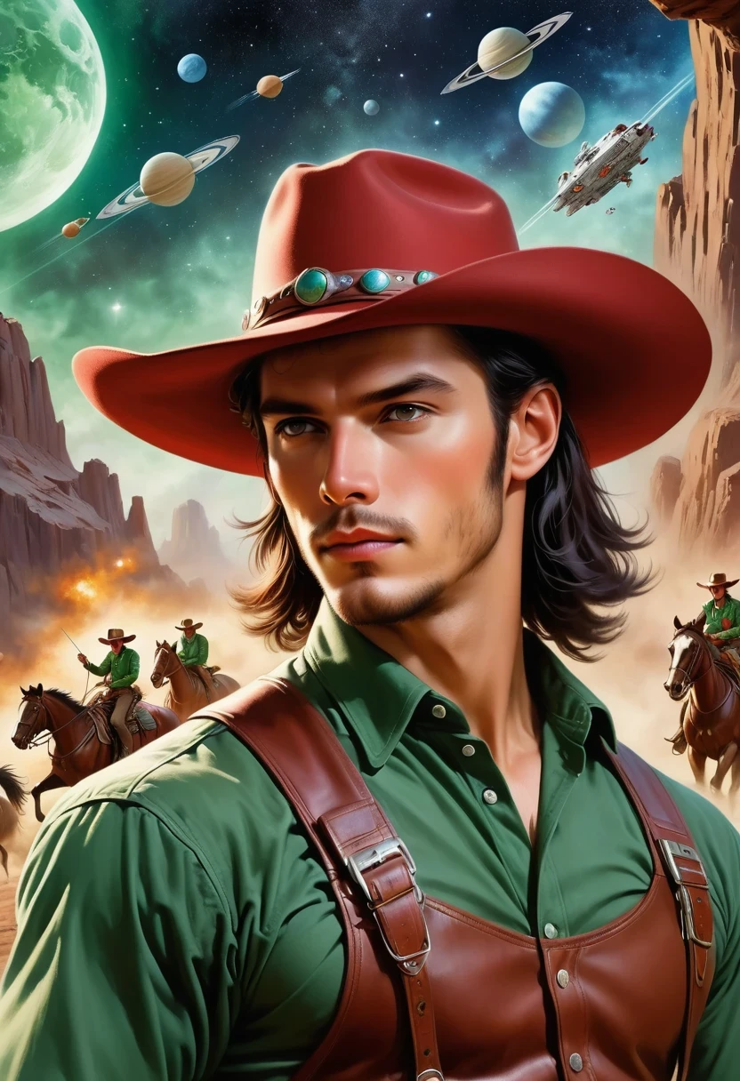 (comic book's cover:1.5), Comic book cover about space cowboys, 1 Amazing story of cowboy hat style, 1940s 1950s, Red and Green, comic art, Realistic scenes, Romanticized Realism Dynamics