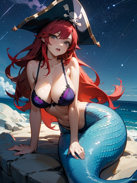 anime pirate mermaid, red hair, long hair, large breasts, sit on rock, night, sky full of stars, purple bra, hat pirate, black hat, 