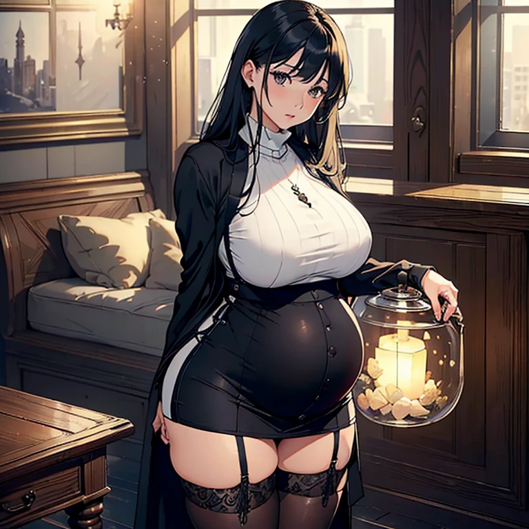 (Very detailed, In a comfortable indoor environment, A girl,Married,Married woman,30 Eternal Light,Mother,The charm remains,black发,a little fat, full, Big sagging breasts, huge big , pregnant, huge pregnant, big pregnant, 9 months,A big belly with triplets, pregnant, Delicate face, Sexy, Wear a turtleneck dress, black色修身连衣裙, suspender skirt,Hip skirt,black,garter stockings,suit,suit外套,white coat, HD, full body shot, Work,Water breaks,expiry date,Realistic perfect body, Very realistic)