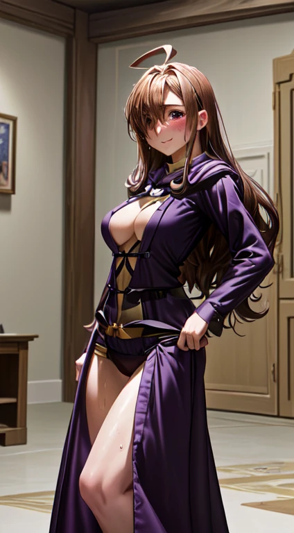 masterpiece,best quality,high resolution,8k,perfect face,perfect body,full body,,1woman,(realistic:1.3),pale skin,(fighter:1.3),(dark brown long straight hair:1.2),ahoge,seductive smile,(large breasts:1.3),(large ass:1.3),(small pink nipples:1.3),(purple wizard and long purple dress:1.2),(clothed:1.8),(clothed:1.8),(clothed breasts:1.8),(erect nipples:1.2),(cameltoe:1.1),(sweat:1.3),(hidden in one eye:1.3),(This Subaru:1.3),Inside the apartment,