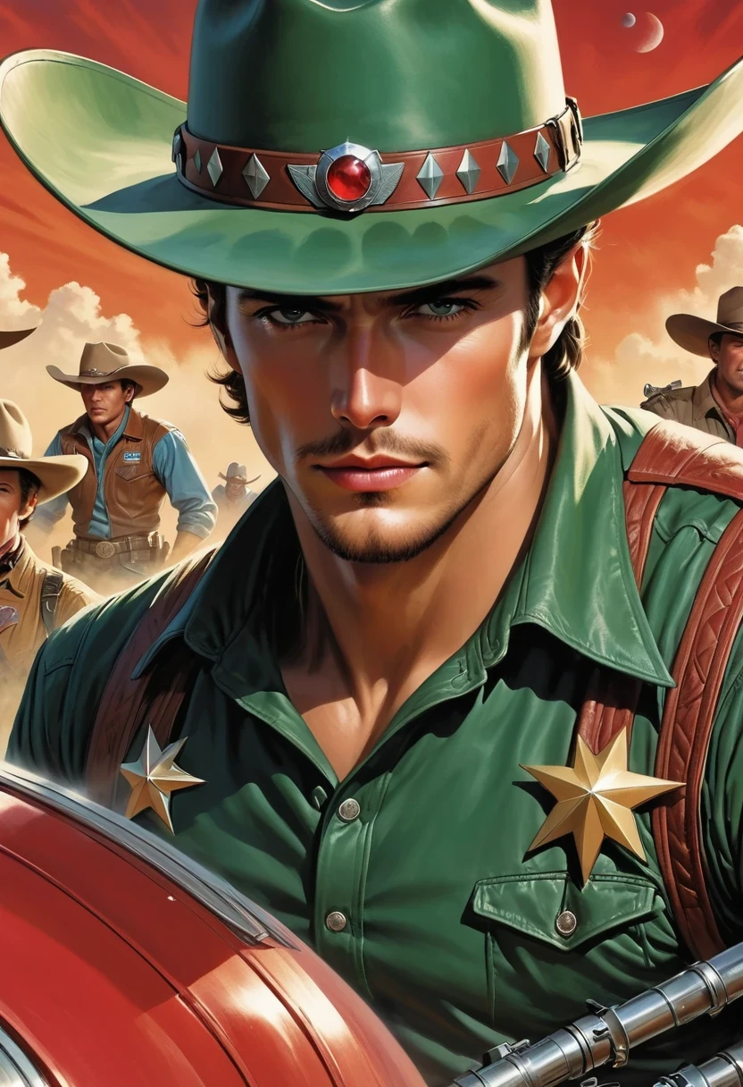 comic book's cover, Comic book cover about space cowboys, 1 Amazing story of cowboy hat style, 1940s 1950s, Red and Green, comic art, Realistic scenes, Romanticized Realism Dynamics