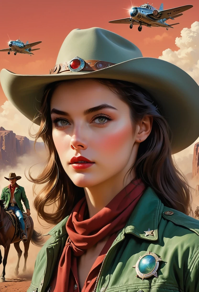 comic book's cover, Comic book cover about space cowboys, 1 Amazing story of cowboy hat style, 1940s 1950s, Red and Green, comic art, Realistic scenes, Romanticized Realism Dynamics
