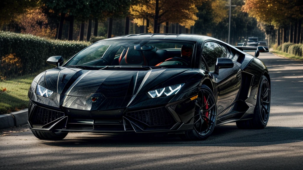 2024 Lamborghini Revuelto, Sleek and dangerous orange and black murder style, Standing majestically against the backdrop of autumn colors. Every detail of the high-spec vehicle shines under cinematic lighting, From the tinted glass windows to the intricate stitching of the red leather interior. The engine emits a strong roar, A low roar sounded,Adds an overall sense of maturity and power. 8.3 MP images, Capturing the Essence of Lamborghini, Presented in Ultra HD resolution, Every curve and crease of the car body is detailed and realistic. Lamborghini Revuelto ;