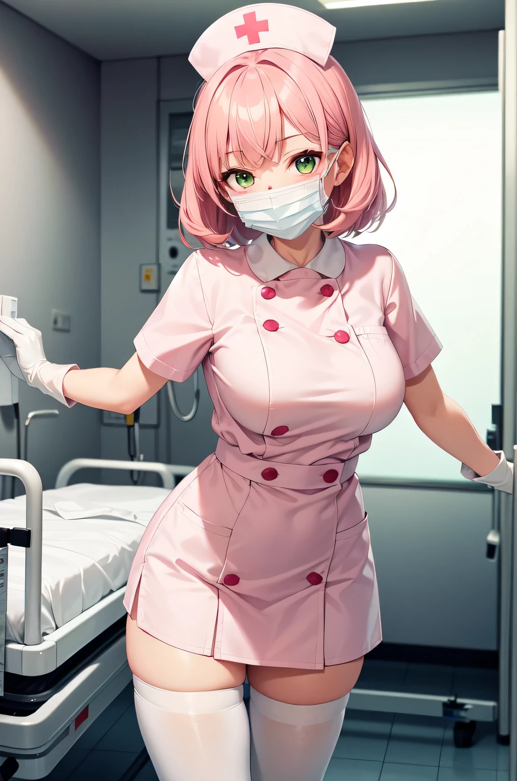 1woman, solo, nurse, white nurse cap, white nurse uniform, ((white legwear, zettai ryouiki)), white gloves, pink hair, green eyes, drooping eyes, ((white surgical mask, covered nose)), standing, ((hospital room)), sharp outline, short sleeves, mature female, 32 years old, best quality, masterpiece