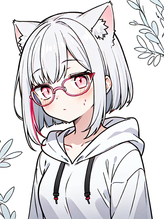best quality, masterpiece, 1 girl, , upper body, female, pink eyes, long hair, small breasts, glasses, expressionless, wink , cat ears, white hair, silver hair, streaked hair,hoodie, murder, bob cut