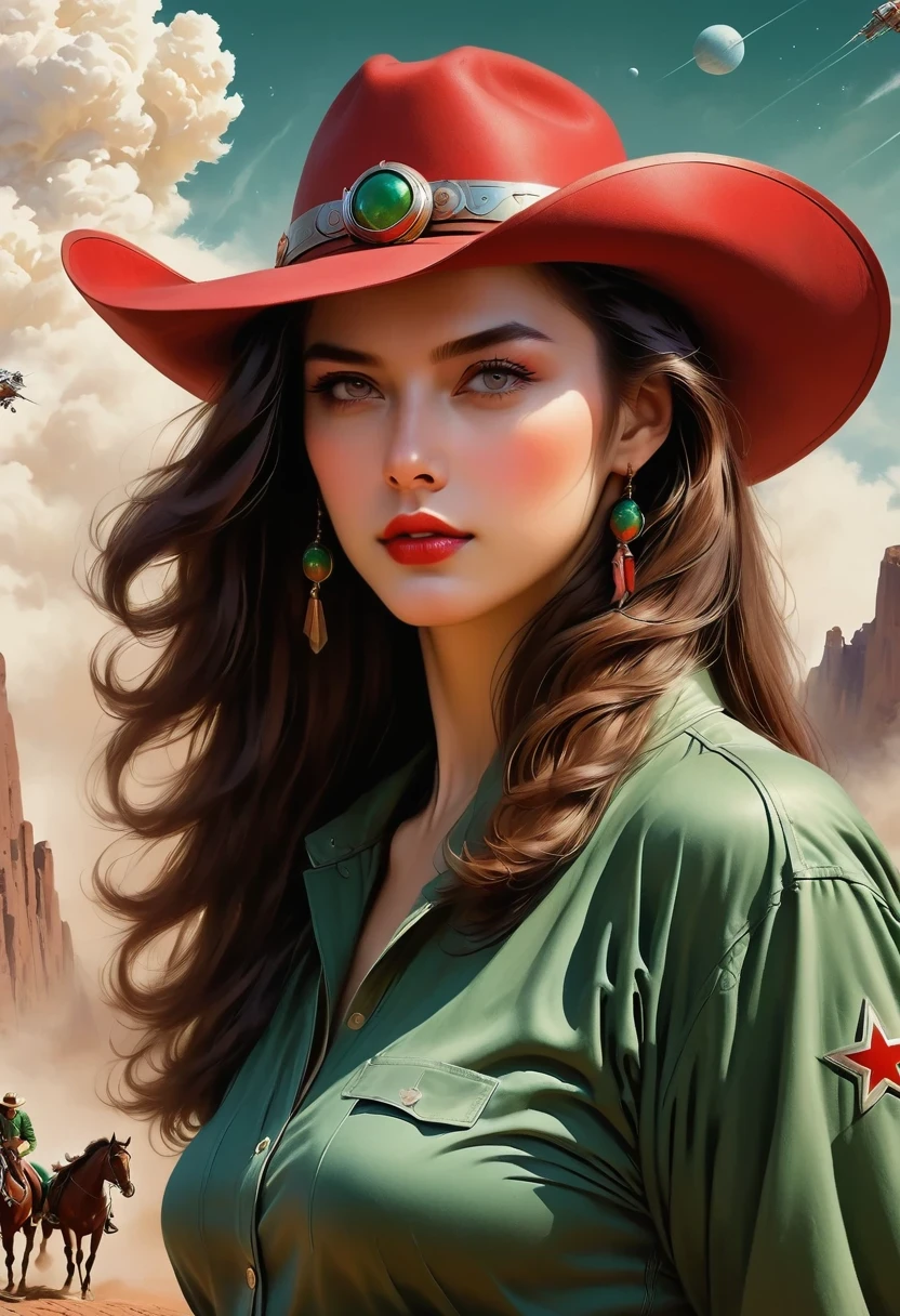 comic book's cover, Comic book cover about space cowboys, 1 Amazing story of cowboy hat style, 1940s 1950s, Red and Green, comic art, Realistic scenes, Romanticized Realism Dynamics