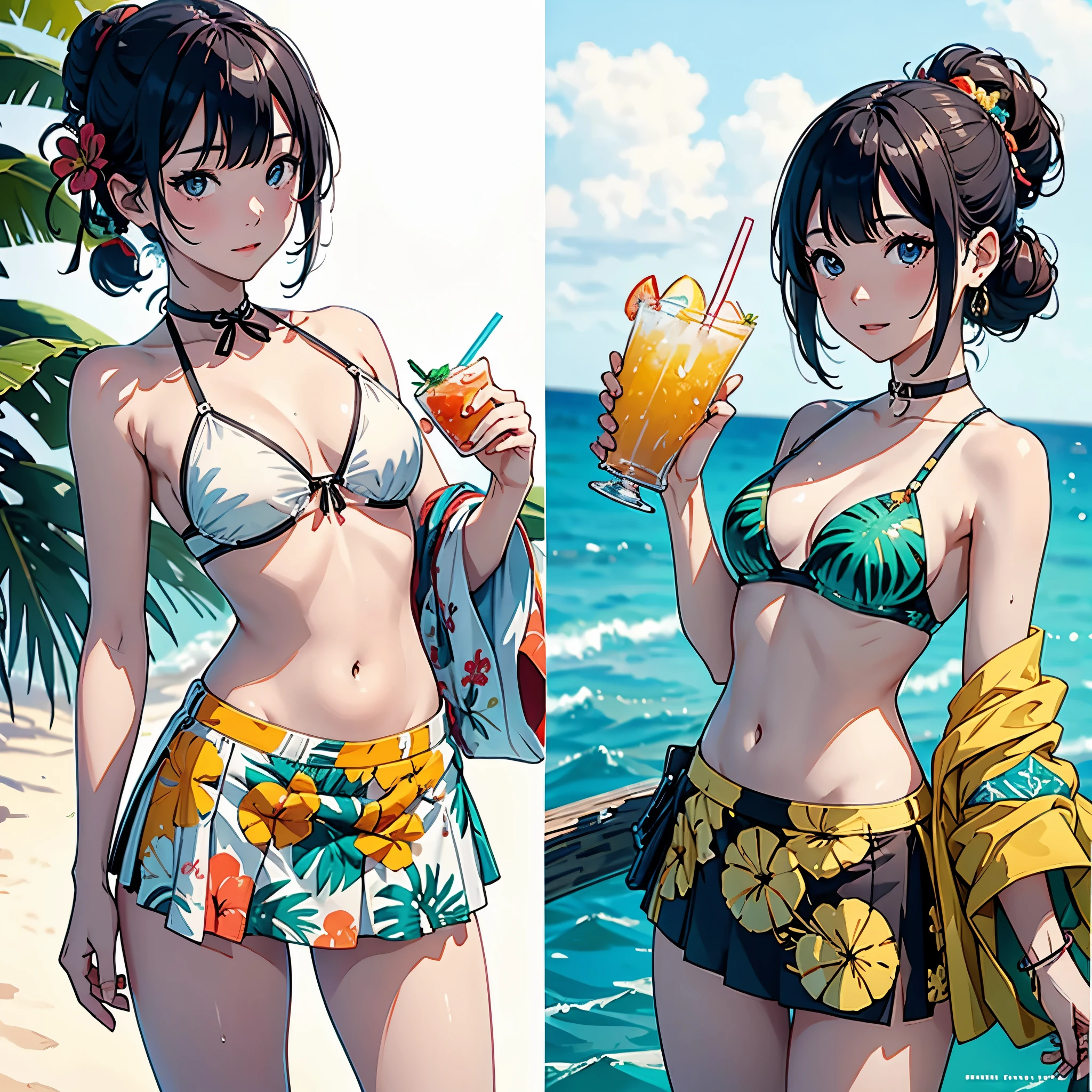 (highest quality, masterpiece, High resolution)、(Anime Art 4k)、 (reality)、Beautiful Japanese Women、(Two women)、20-year-old、((Drink tropical drinks))、(Detailed depiction of a beautiful face)、Smiling Kindly、Small breasts、Slim figure、Medium Short Hair、semi-long、Hair Bun、Wet 水着、bikini、モノキニbikini、A pareo skirt with bold ethnic patterns and plenty of primary colors、Realistic Skin、Wet、whole body、No zoom、No close-ups、Cinematic Light、Tropical colors、((Blank Background))、((White Background))、