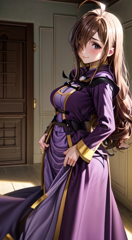 masterpiece,best quality,high resolution,8k,perfect face,perfect body,full body,,1woman,(realistic:1.3),pale skin,(fighter:1.3),(dark brown long straight hair:1.2),ahoge,seductive smile,(large breasts:1.3),(large ass:1.3),(small pink nipples:1.3),(purple wizard and long purple dress:1.2),(clothed:1.8),(clothed:1.8),(clothed breasts:1.8),(erect nipples:1.2),(cameltoe:1.1),(sweat:1.3),(hidden in one eye:1.3),(This Subaru:1.3),Inside the apartment,