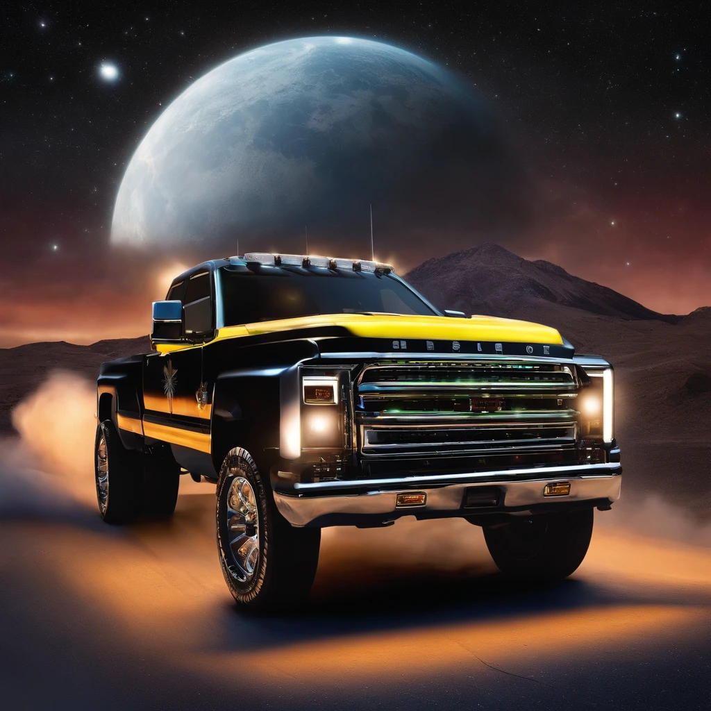 # The Super Truck
In the heart of the city, where neon lights dance,
There roared a mighty truck, a true marvel of chance.
Its wheels spun like galaxies, chrome gleaming bright,
A symphony of horsepower, under the moon's soft light.
## The Hood, a Cosmic Canvas
Upon its hood, a cosmic canvas unfurled,
Painted by stardust and dreams of the world.
Nebulas swirled, meteors streaked in flight,
As constellations whispered secrets through the night.
## Headlights, Twin Suns
Its headlights blazed like twin suns at dawn,
Guiding lost souls, weary travelers drawn.
Through interstellar highways, it cruised with grace,
A celestial chariot in this earthly space.
## Exhaust Pipes, Volcanic Vents
From its exhaust pipes, volcanic vents erupted,
Spewing cosmic flames, dreams uncorrupted.
The asphalt trembled, stars blinked in surprise,
As the super truck roared, defying the skies.
## Tires, Celestial Orbits
Each tire spun like a planet in orbit's embrace,
Leaving comet trails, a celestial race.
Gravity surrendered, time bent its knee,
For this super truck transcended reality.
## Tailgate, Portal to Adventure
And the tailgate? Ah, that was the key,
A portal to realms where imagination ran free.
Step aboard, dear traveler, buckle up tight,
For the super truck awaits, ready for flight.
So next time you glimpse a truck with cosmic flair,
Remember the legend of the super truck rare.
Decked out in wonder, fueled by dreams,
It roams the highways, where reality gleams.