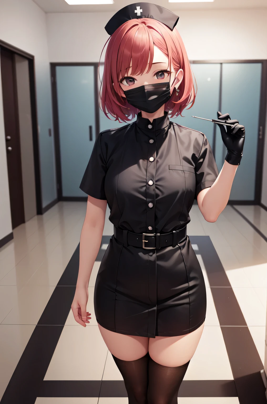 black nurse, 1girl, solo, black nurse cap, black nurse uniform, ((black legwear, zettai ryouiki)), black elbow gloves, very short hair, orange hair, ((black surgical mask, covered nose)), standing, ((surgery room)), sharp outline, short sleeves, tomboy, boyish, best quality, masterpiece