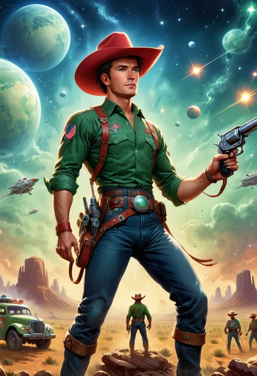 comic book's cover, Comic book cover about space cowboys, 1 Amazing story of cowboy hat style, 1940s 1950s, Red and Green, comic art, Realistic scenes, Romanticized Realism Dynamics