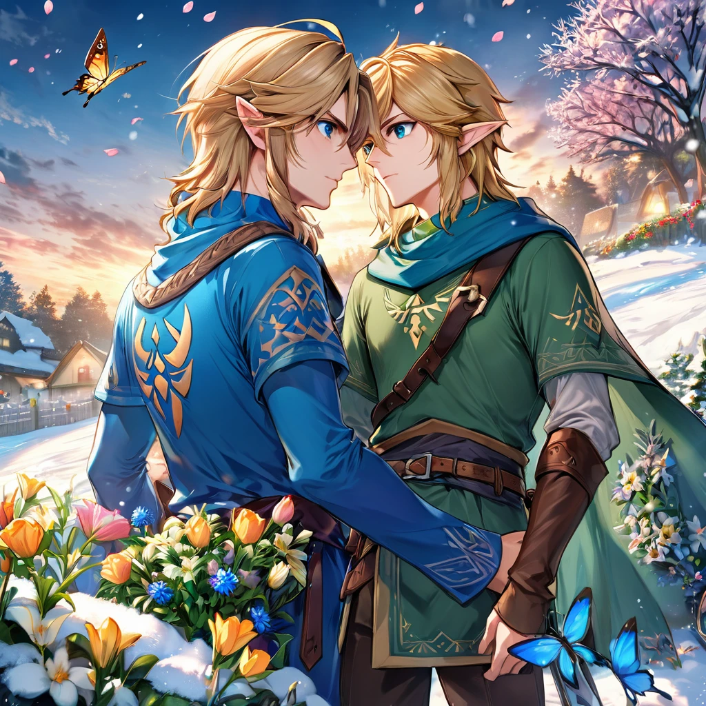 absurdres, highres, ultra detailed, HDR, master piece, best quality, Link, breath of the wild, blond hair, expressive sky-blue eyes, blue tunic, The legend of zelda, Link, twilight princess, brown hair, expressive dark-blue eyes, green tunic, 2men together, gay couple, handsome, winter, petals, flowers, garden, butterflies, snow