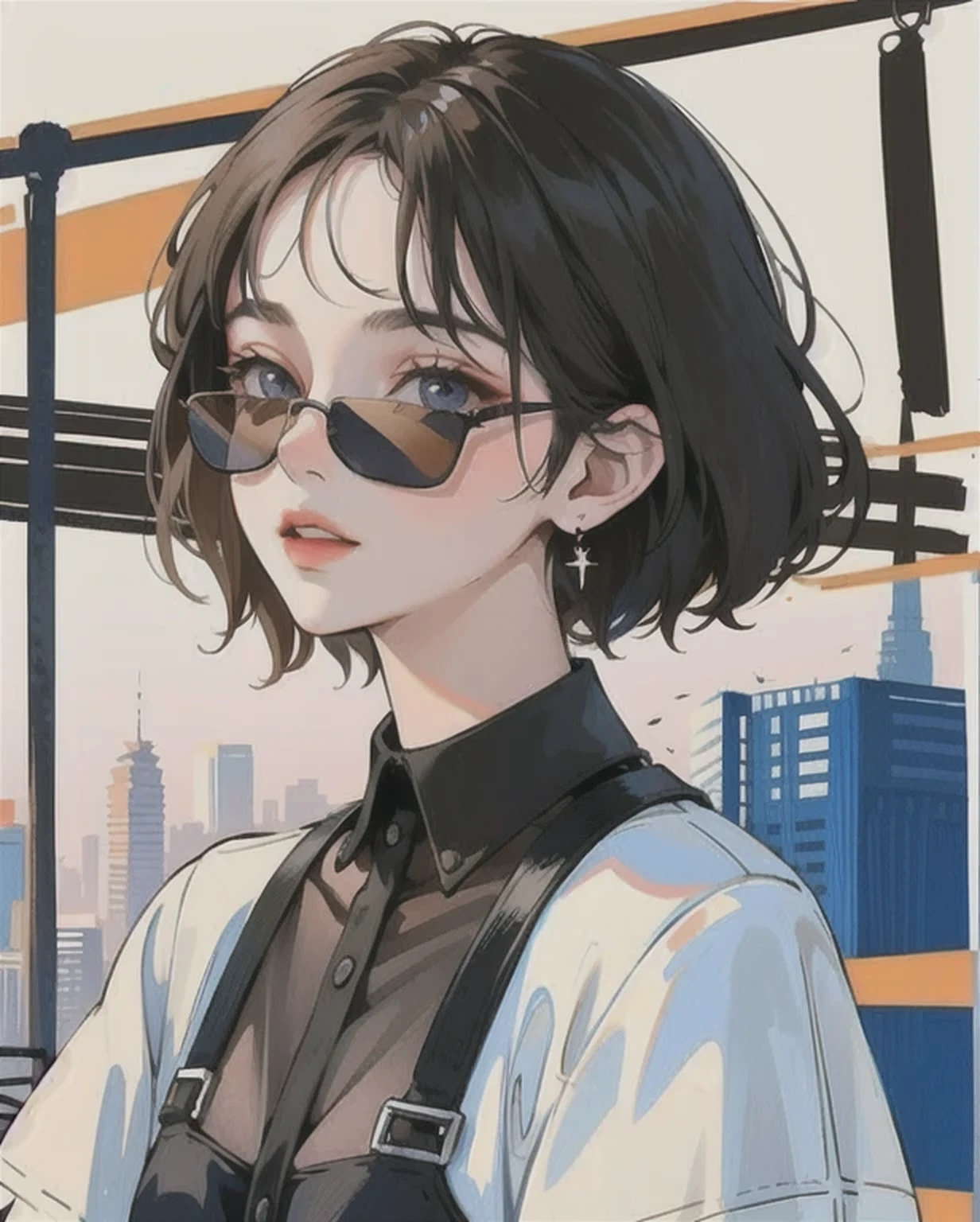 Portraits of beautiful girl, (masterpiece:1.2, best quality:1.2), upper body, 1girl, Look up, face focus, short hair, extremely detailed face, extremely detailed eyes, sunglasses, fashion wear, earrings, city pop style,
