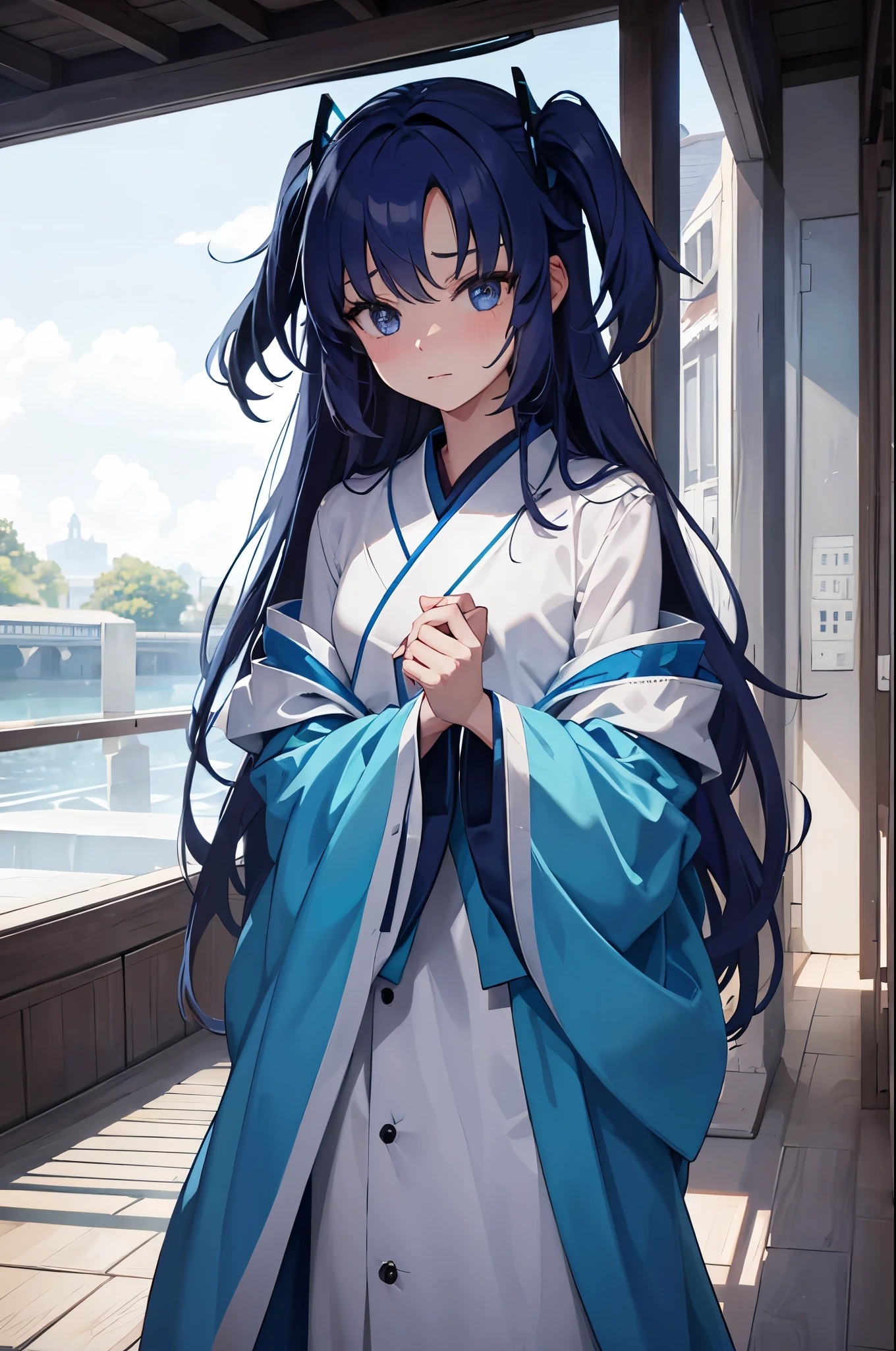 A beautiful girl looks innocent and innocent but she is a cold and indifferent person, she is a ghost, she has bright blue hair, shoulder length hair, yellowish brown eyes, He was wearing a bright blue kimono, his body was thin and small, the size of a , he was floating with a cold and slightly annoyed look