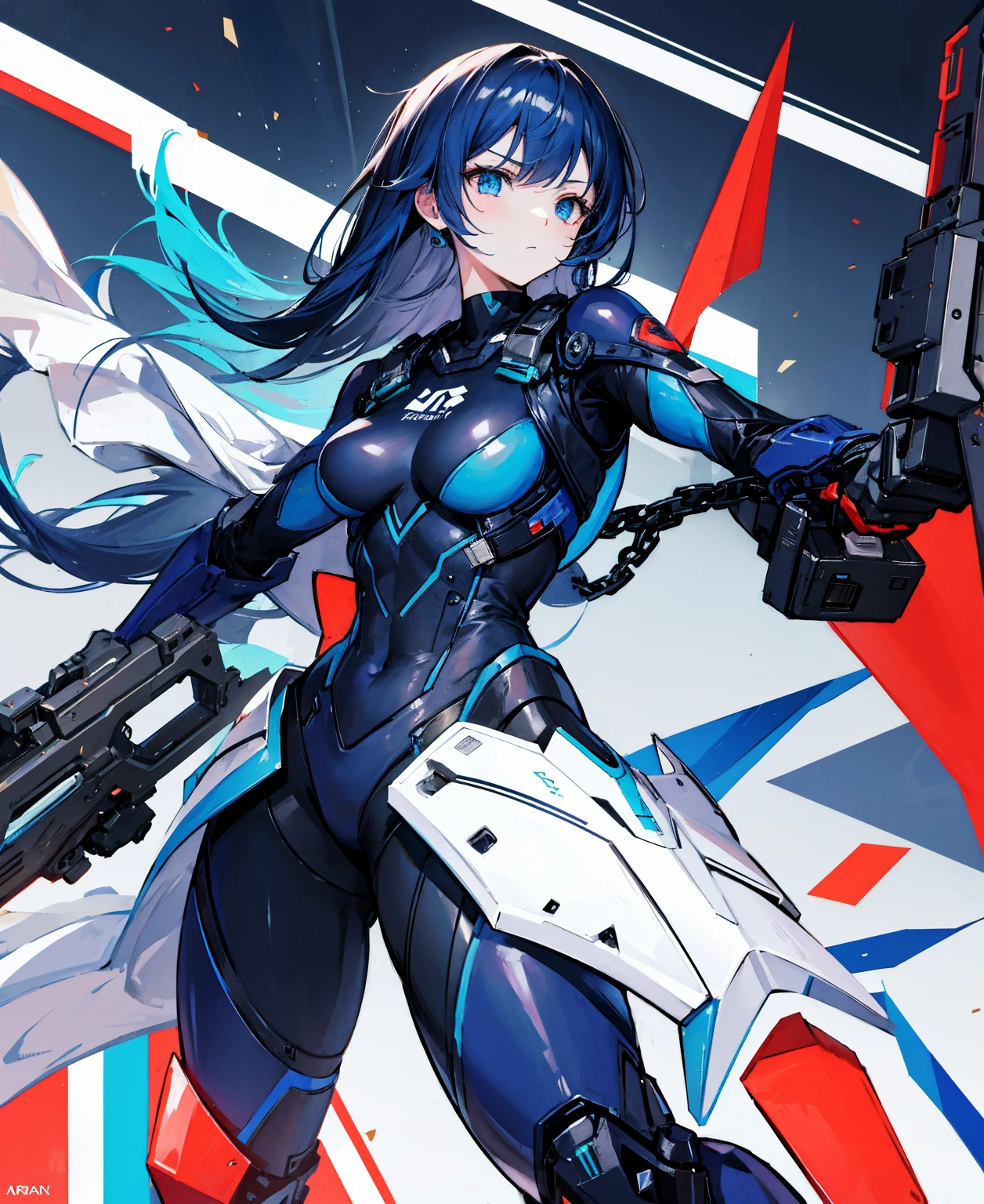 There is no background，girl，carry a firearm，Enamel-like tight suit，use of firearms，Navy blue long hair，attention arousal，Blue colored eyes,no gradation