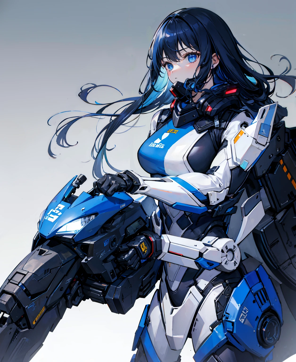 There is no background，girl，carry a firearm，Enamel-like tight suit，use of firearms，Navy blue long hair，attention arousal，Blue colored eyes,no gradation