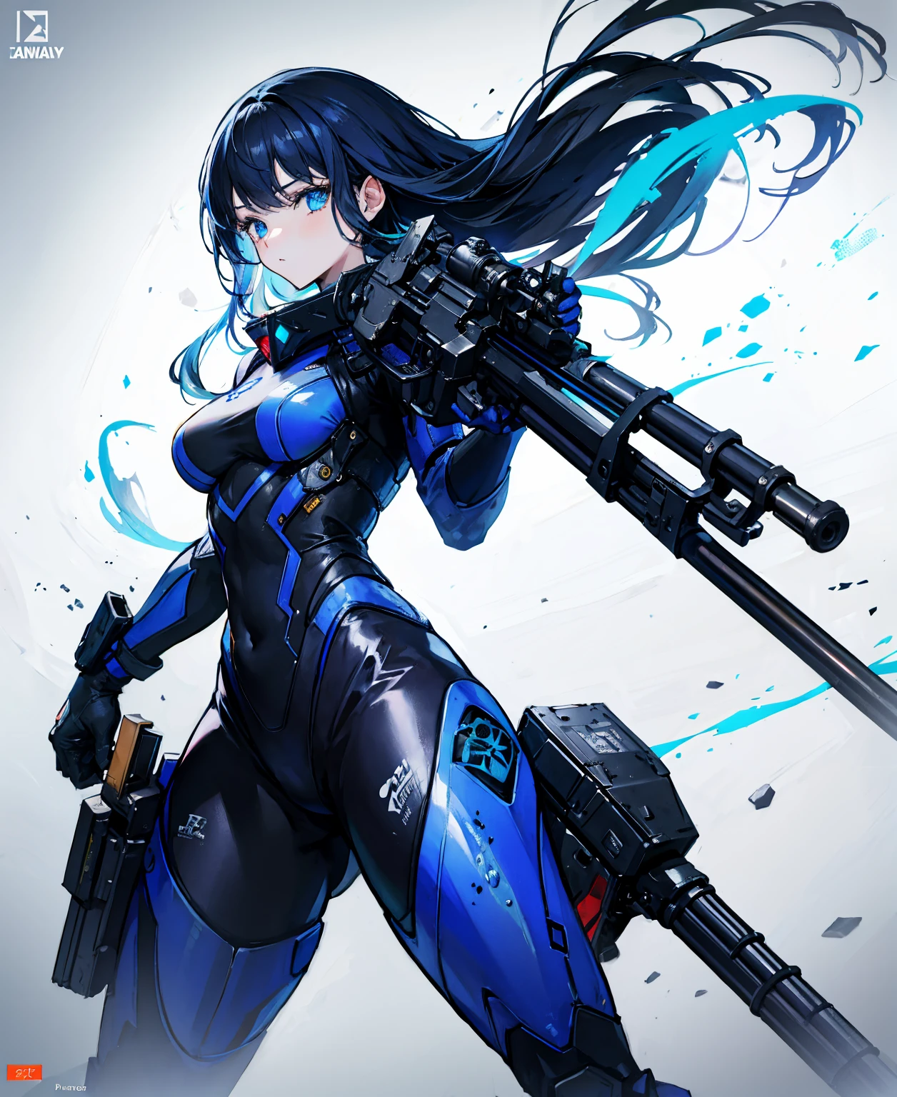 There is no background，girl，carry a firearm，Enamel-like tight suit，use of firearms，Navy blue long hair，attention arousal，Blue colored eyes,no gradation