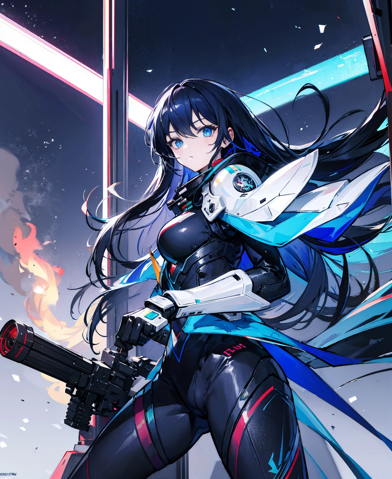 There is no background,girl,carry a firearm,Enamel-like tight suit,use of firearms,Navy blue long hair,attention arousal,Blue colored eyes,no gradation