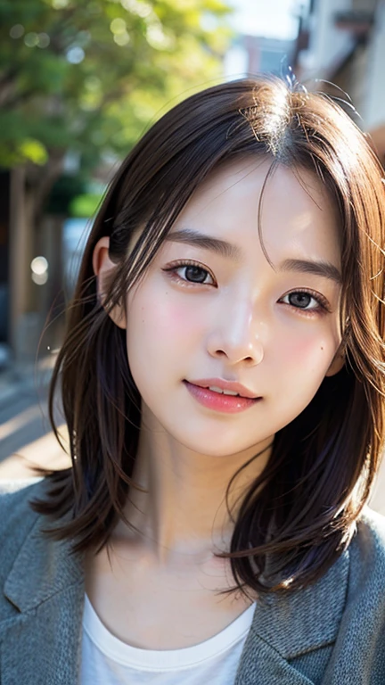 With the alleys of Kyoto in the background、18 year old girl、independent、Look forward、Light eye makeup、Brown Hair Color、flat 、hair blowing in the wind、quality of actress、Shiny, Ultra-realistic faces、smileの表情、Watery eyes、look up、Calming lighting effects、 Ultra-Realistic Capture、Very detailed、High resolution 16K human skin close-up。Skin texture must be natural、Must be so detailed that pores are visible、skin is healthy、Must be an even tone、Use natural light and color、High quality photos taken by a modeling agency&#39;Exclusive photographer、smile、one person