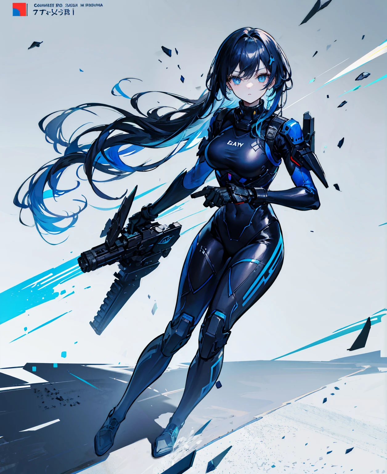 There is no background,girl,carry a firearm,Enamel-like tight suit,use of firearms,Navy blue long hair,attention arousal,Blue colored eyes,no gradation