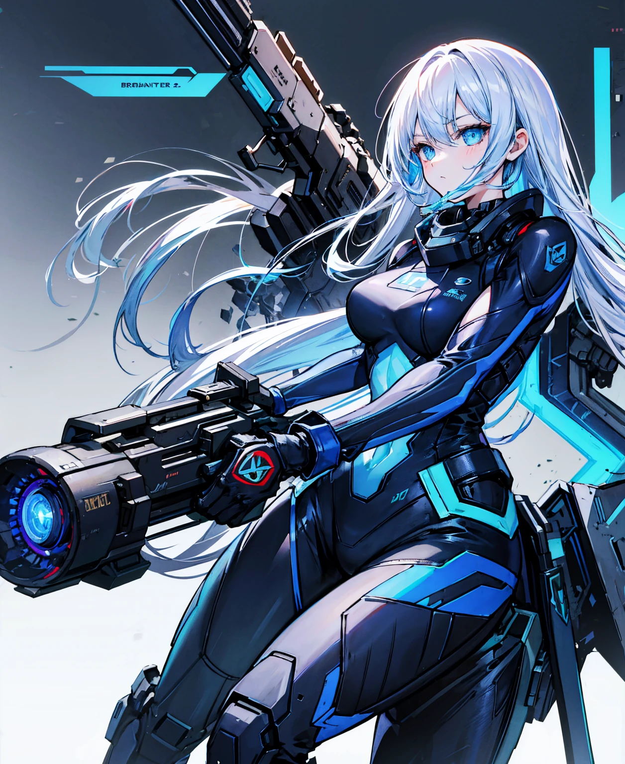 There is no background，girl，carry a firearm，Enamel-like tight suit，use of firearms，Navy blue long hair，attention arousal，Blue colored eyes,no gradation