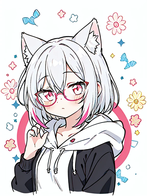 best quality, masterpiece, 1 girl, loli, upper body, hairs between eyes, female, pink eyes, long hair, small breasts, glasses, bob cut, expressionless, wink , cat ears, white hair, silver hair, streaked hair，hoodie,  murder, long bangs