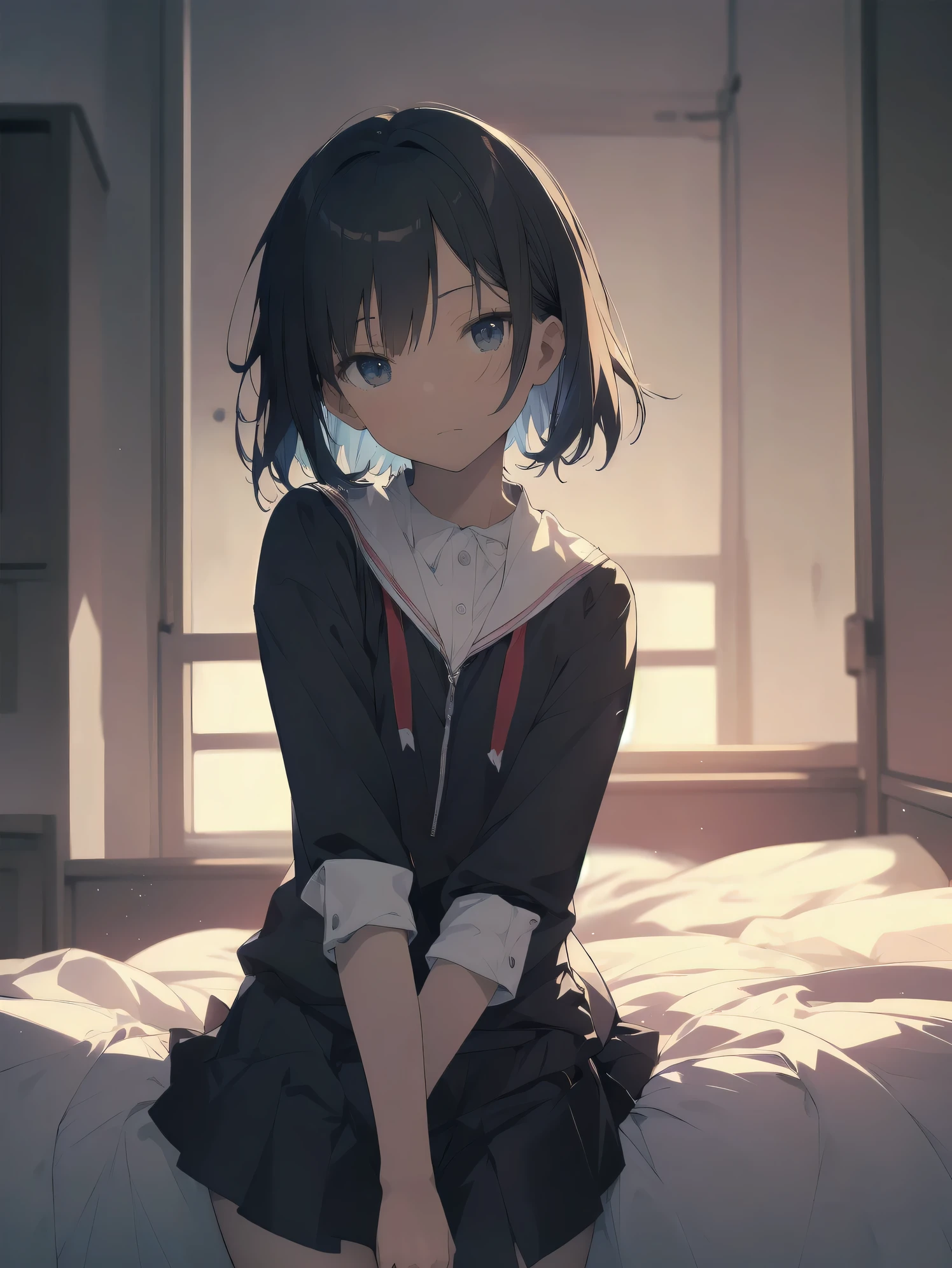 ultra-absurdres-Top quality by artist God, ultra-detailed, high resolution, anime moe artstyle, best anime 8k konachan wallpaper, pixiv contest winner, pool:544,perfect anatomy,break, 1girl, (Please draw a girl sitting on bed alone. )break,(Solo,little female, 13-year-old:1.3),Full limbs, complete fingers,a junior high school student, (very short hair), short cut, flat chest, , small butt, small black eyes, beautiful detailed eyes, well-proportioned iris and pupils, expressive eyes, highres detailed hair, soft expression, blush, in heat, school_uniform, official_alternate_costume, pleated skirt, sitting, on bed, (Detailed Lighting), (Detailed background), in the unpopular infirmary, break,super detailed skin, Best cinematic lighting powered by famous artist, 8k,beauty illustration,photoshop_(medium),very aesthetic,break,((artist:tony_taka )), artist:akinashi yuu ,artist:oyari ashito ,artist:kantoku ,