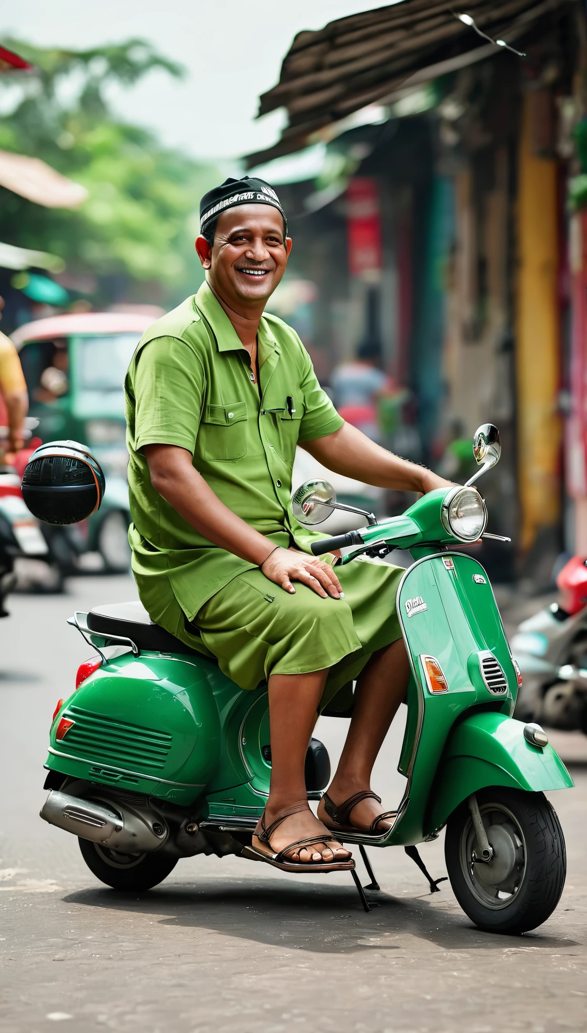 Realistic 3D, a 50 year old Muslim man, slightly fat body, Indonesian face, short hair, green collared t-shirt, wearing a sarong, wearing sandals, sitting on a Vespa PX motorbike, realistic smile, street background at the photography market , UHD, hasselblad X1D II 50c Camera, iso 200
