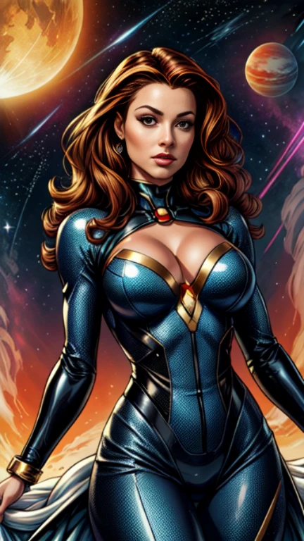 masterpiece,very sharp image,extremely beautiful woman,woman space retro futurism, beautiful face,hi-tech armour over latex suit, long curly hair,in deep space, with several planets and suns in the background Excellent sense,medium breasts,cleavage,American Comics,(((The Perfect One Woman))),(((one person))),colorful,highly detailed body,highly detailed face,SF,((dynamic pose)), ((dynamic angle))