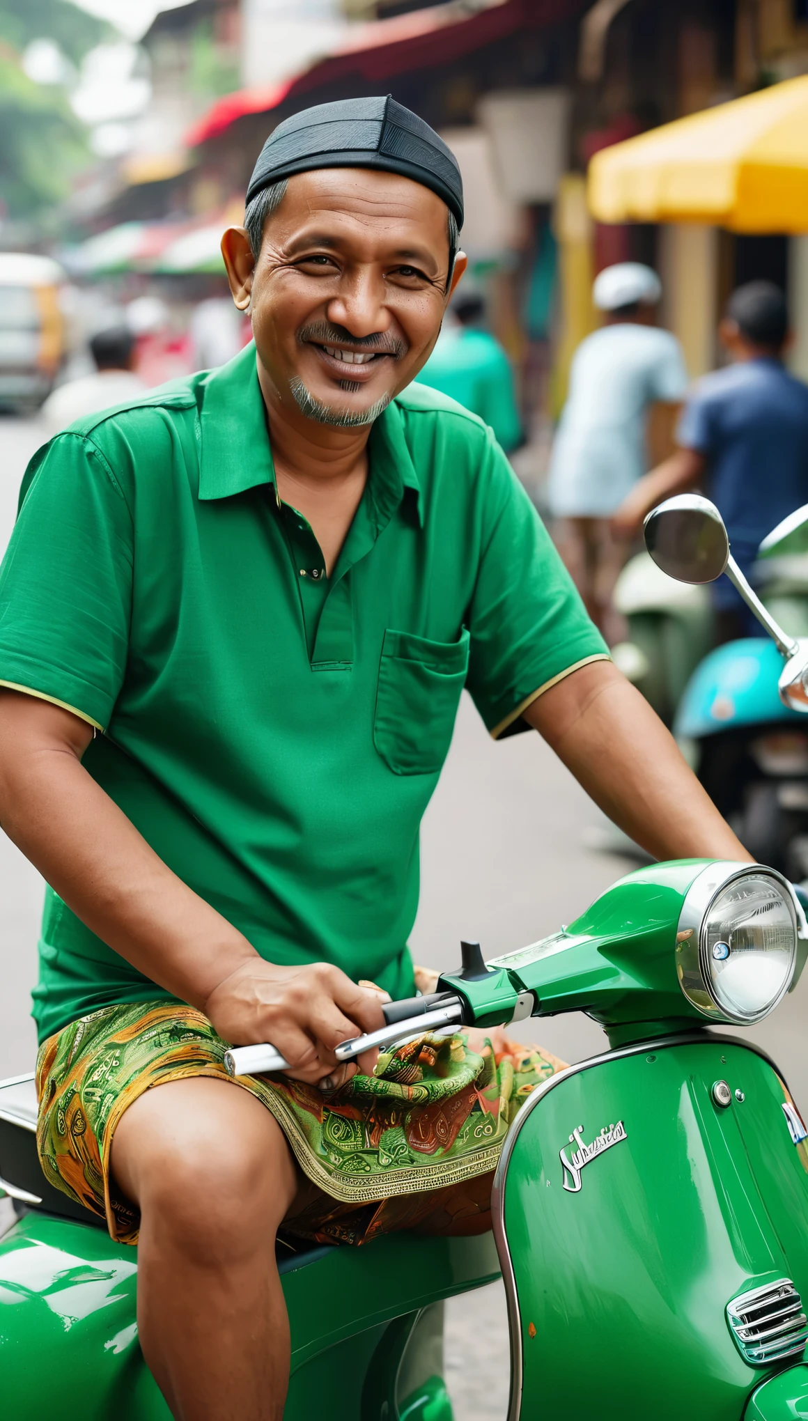Realistic 3D, a 50 year old Muslim man, slightly fat body, Indonesian face, short hair, green collared t-shirt, wearing a sarong, wearing sandals, sitting on a Vespa PX motorbike, realistic smile, street background at the photography market , UHD, hasselblad X1D II 50c Camera, iso 200