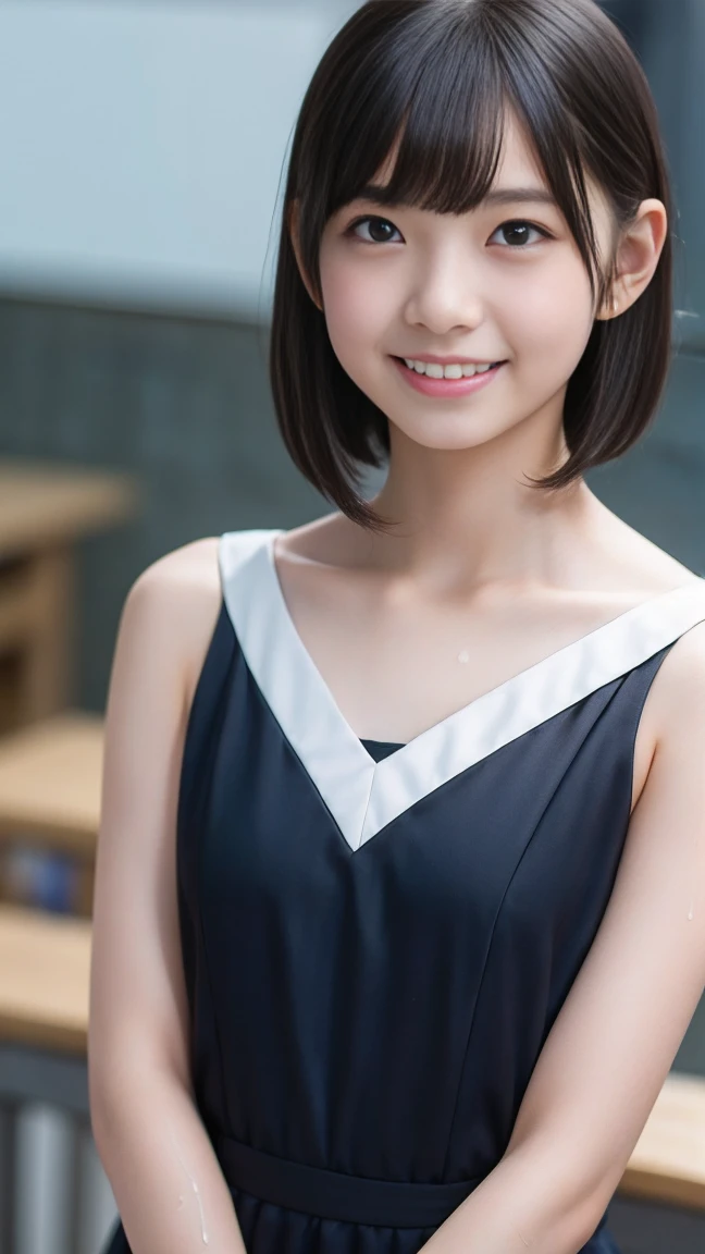 (masterpiece, highest quality:1.2), 8k, Young and beautiful girl, 85mm,Official AR RAW Photos,  Baby Face、show me your ears、Thin fabric leotard, high leg、Cute face, Thighs, Embarrassing、smile、no makeup, (Expressions of ecstasy), Film Grain, chromatic aberration, Sharp focus, Face Light, Bright lighting,  Detailed face, Background blur、Primary school students、、Narrow waist、Are standing、elementary school classroom、short hair、Transparent wet with sweat、My whole body is wet