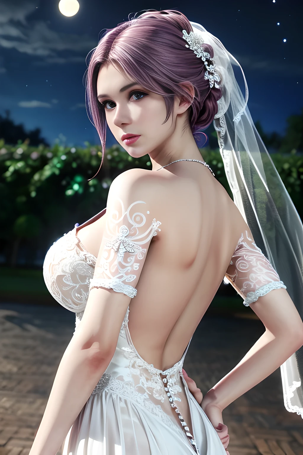 1 girl,standing posture,(( Backless Wedding Dress, see-through)), outdoor,elegant,nighttime,moonlighe,shiny skin,( huge breasts:1.1), lip gloss,( tattoos:1.3), masterpiece, best quality, realistic ,Surrealism,,Rich artistic colors, 8K,soft shadows,Portrait art,solo, elise,