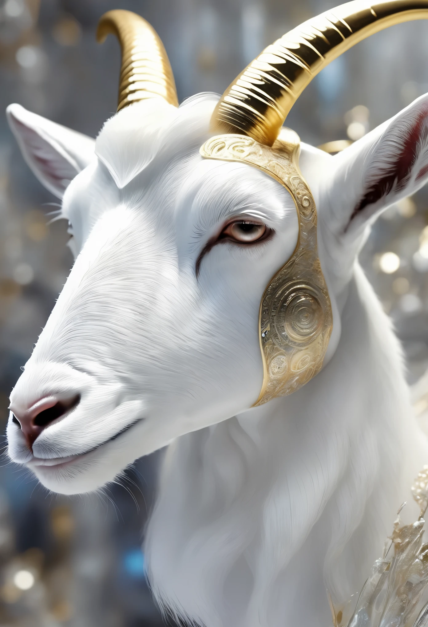 Head close-up，goat，White，silver，ball，Gold texture，pattern，Glass texture
