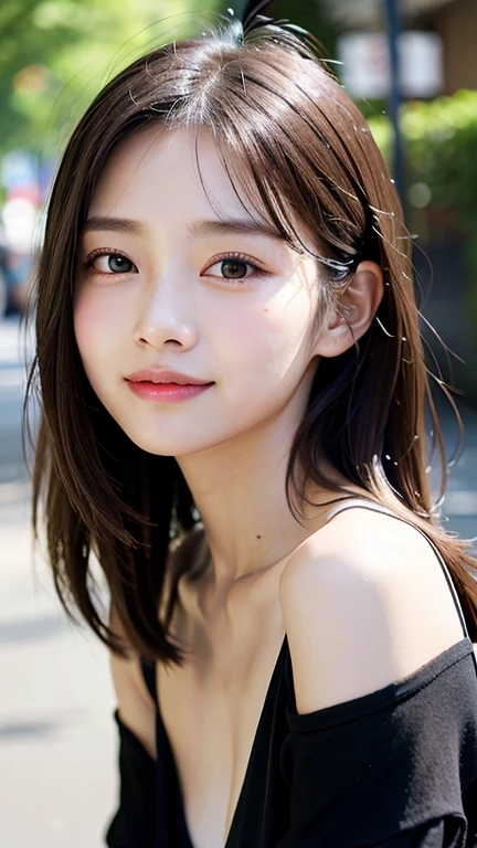 With the alleys of Kyoto in the background、18 year old girl、independent、Look forward、Light eye makeup、Brown Hair Color、flat 、hair blowing in the wind、quality of actress、Shiny, Ultra-realistic faces、smileの表情、Watery eyes、look up、Calming lighting effects、 Ultra-Realistic Capture、Very detailed、High resolution 16K human skin close-up。Skin texture must be natural、Must be so detailed that pores are visible、skin is healthy、Must be an even tone、Use natural light and color、High quality photos taken by a modeling agency&#39;Exclusive photographer、smile、one person