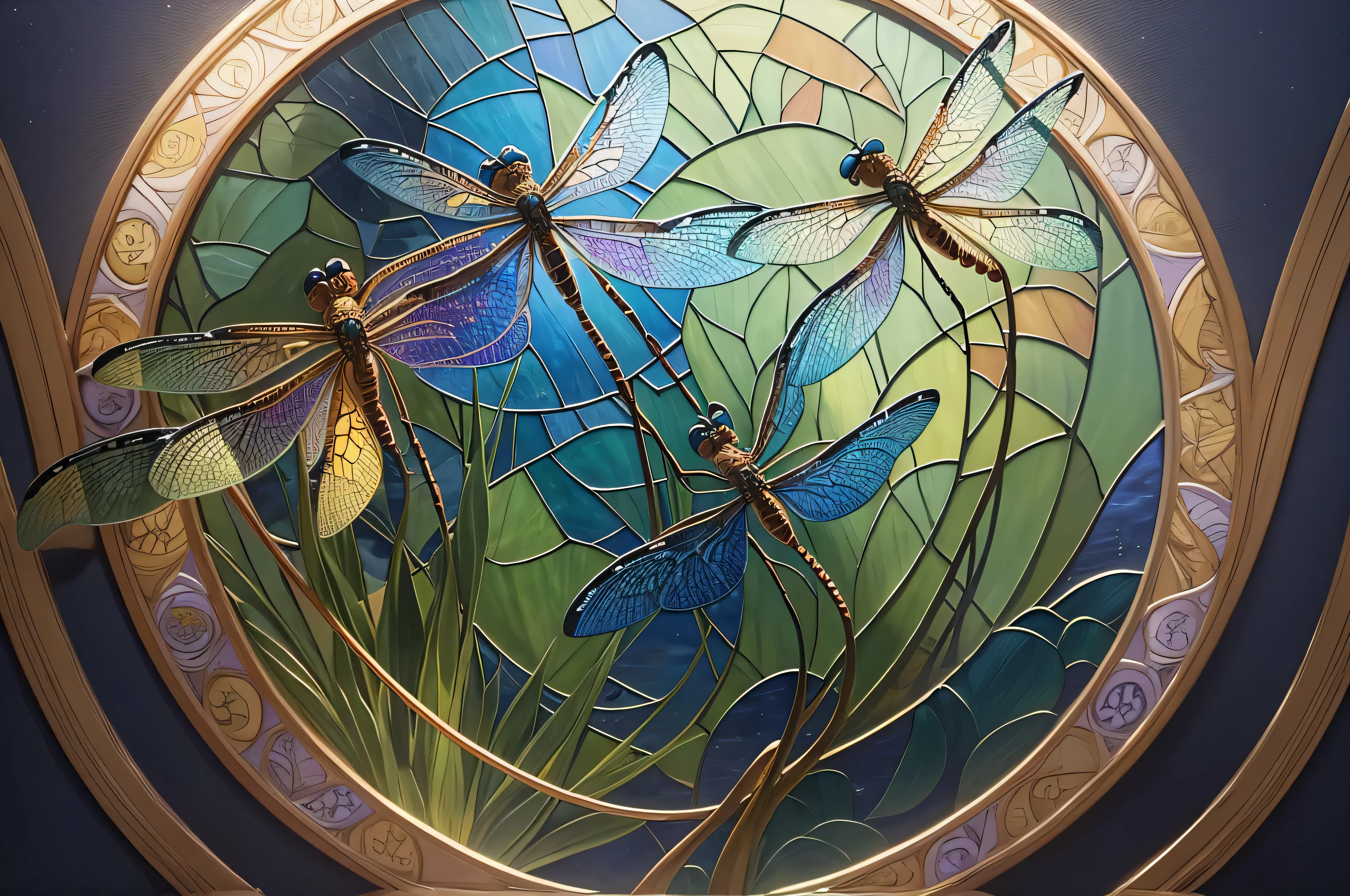 Close-up of three dragonflies sitting on flowers in a pond, one large and two smaller, inspired by Louis Comfort Tiffany's mosaics, Cloisonne, stained glass art, award-winning masterpiece, glass mosaics, breathtaking details, dragonflies, masterpieces of stained glass, by Maxim Willey Verehin) stained glass, stunning, stained glass wings, dragonfly-shaped, dragonfly-shaped, dragonfly-shaped, stunning details, the color of the picture should be rich and bright, try to avoid regular lines in the picture, such as circles, squares, triangles, etc.