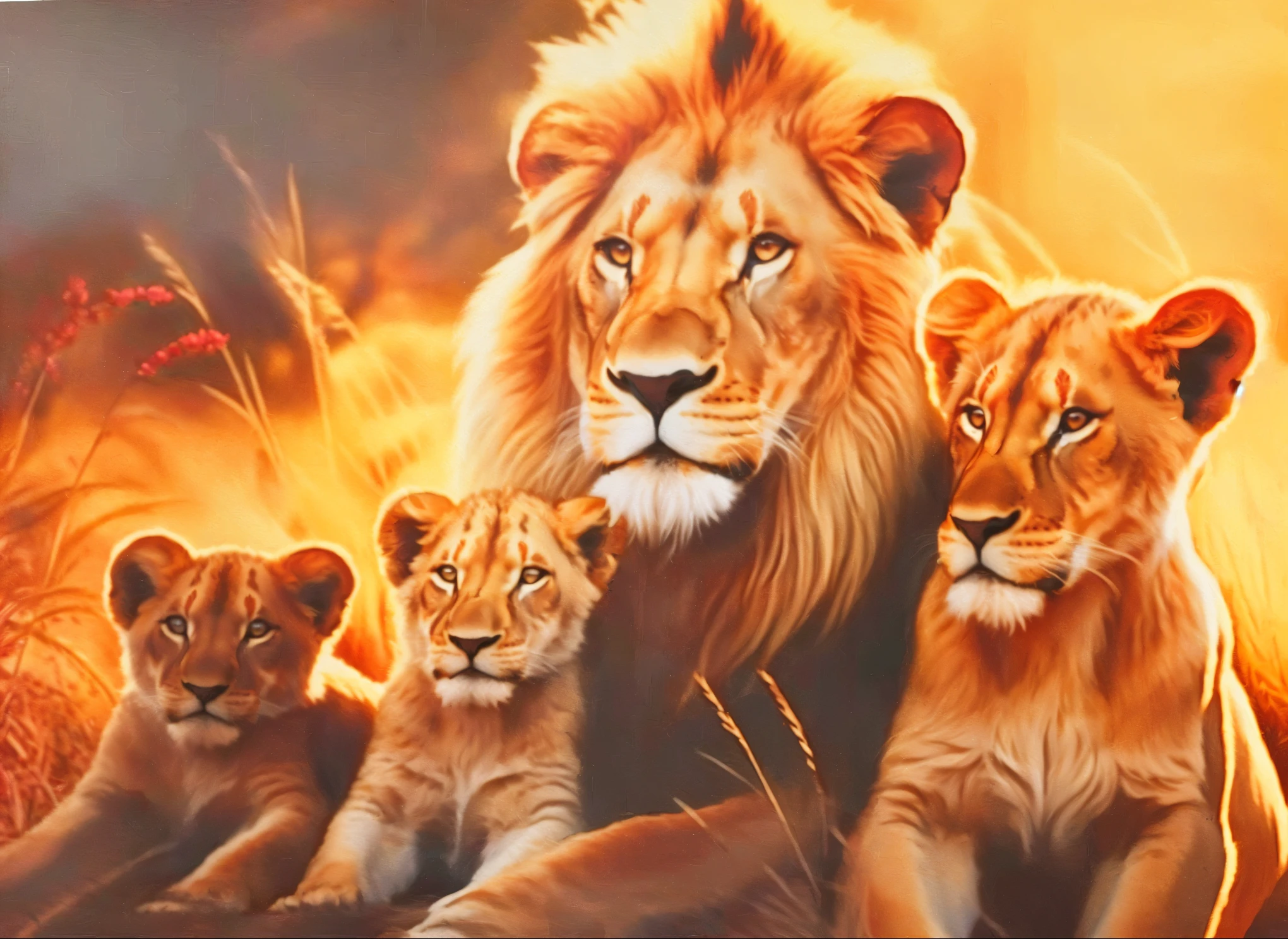 pintura de uma família de lions com filhotes em um campo de grama, lions, family portrait, Fantasy Art, pintura de animais, tendendo ，, pintura majestosa, john banovich, Linda arte, by Lisa Nankivil, por Teresa Fasolino, olhar orgulhoso, majestade, amazing art, happy family, imagem de perfil, Fire Lion, Foto de familia, belos animais detalhados