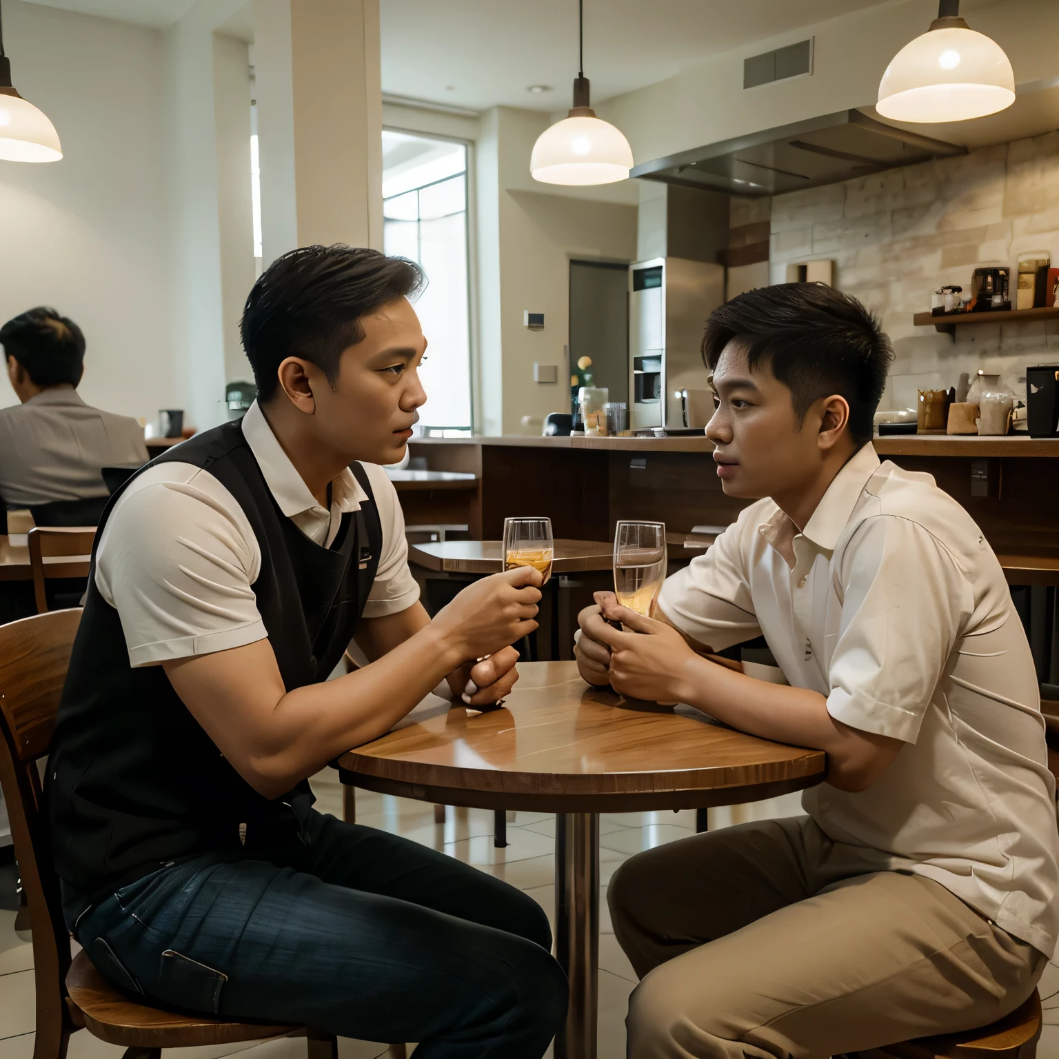 2 malay man having discussion in cafe. 