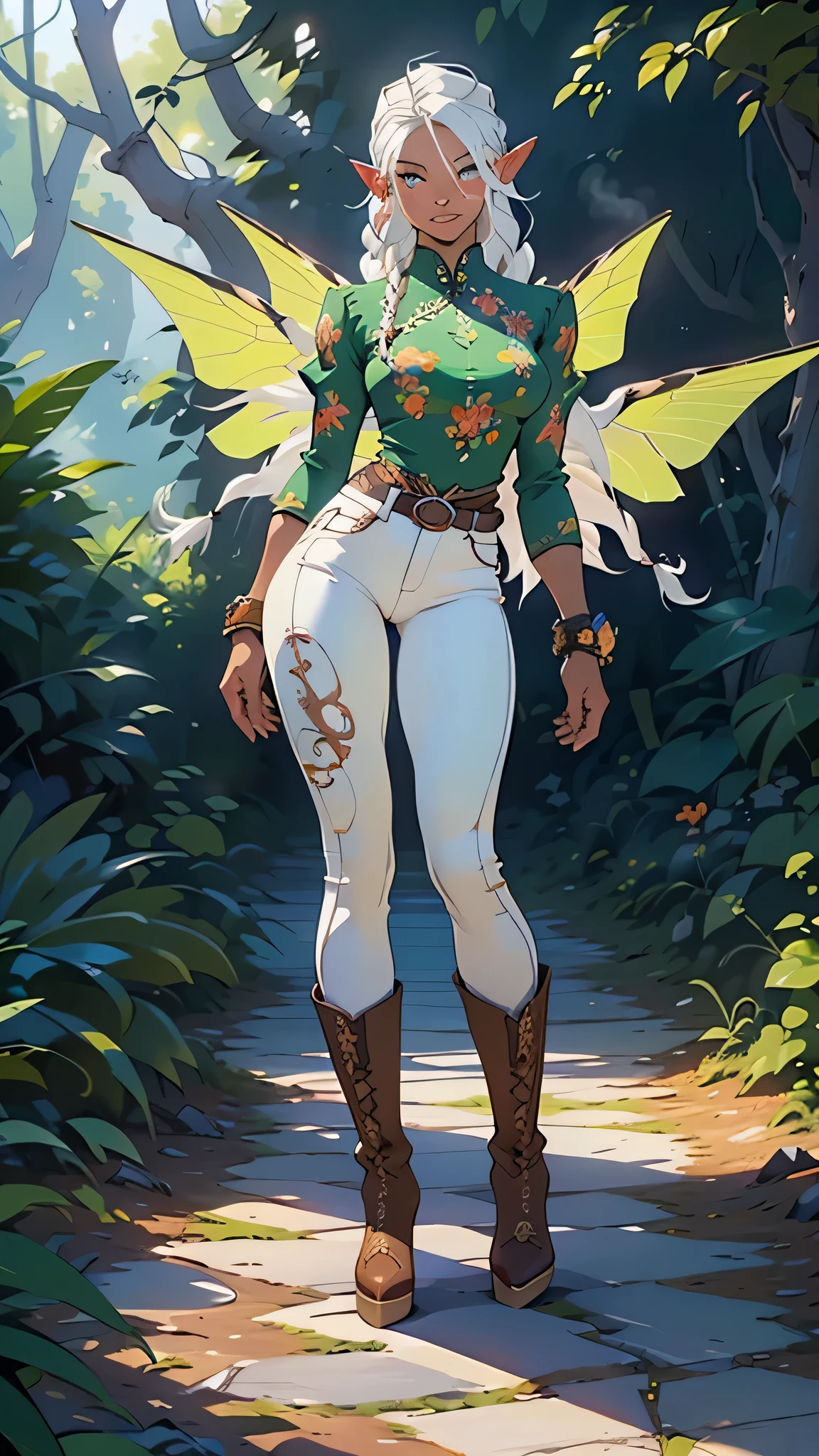 cute oppai adult elf, tiara, dynamic pose, dynamic perspective,(((35 years old))),((anime elf with beautiful white hair)), (((elf))), (((elf ears))),

((((Bright white hair:1.35,braided long Bright white hair,two long braids,colored inner hair,ear breathing)))),((bright_green_eyes:1.3))),dark green eyes,intricate eyes,beautiful detailed eyes,symmetrical eyes,big eyes:1.5,(((dark skin: 1.5,skin tanned,shiny skin,very dark skin tone,dark body,exaggerated shiny skin,black skin))),(detailed body,(detailed face)),

cute,slutty,crazy,daring,(nsfw),

zettai ryouiki,(((Cowgirl Clothes,Short,Classic White Shirt,Dark Jeans,Cowboy Leather Boots,Butterfly Wings, Big Wings, Fire Wings))),(cowgirl,cowgirl clothing, cowgirl cloth),(((intricate outfit,intricate clothes,embroidered outfit,ornate outfit))),

(dynamic pose:1.0),Mischievous Face,(centered,scale to fit dimensions,Rule of thirds),(full body:1.5)

outside,forest,trees,shadows,sunnylight,(( warm sunny forest)),scenery:1.25,((intricate scenery)),((summer decorations)),

(Glossy summer ornaments),highres,sharp focus,(ultra detailed,extremely detailed),(photorealistic artwork:1.37),(extremely detailed CG unity 8k wallpaper),(((vibrant colors,vibrant theme))),(intricate),(masterpiece),(best quality),(detailed:1.4),
